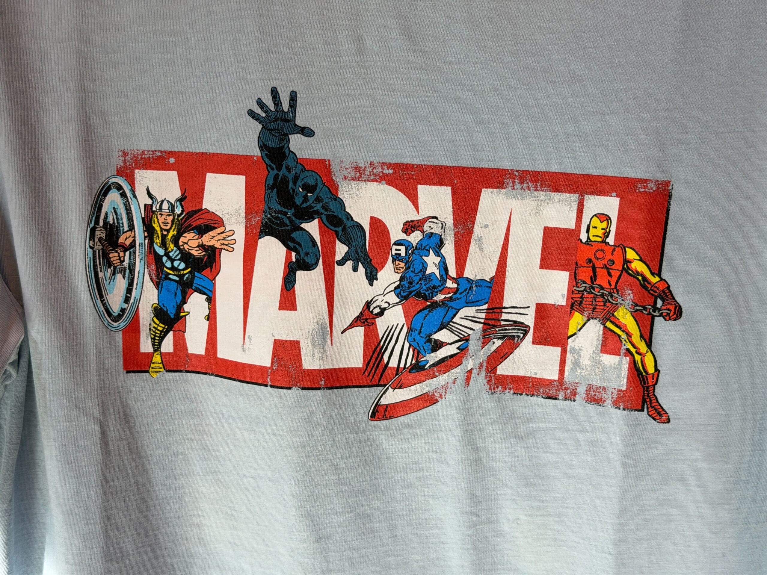 Each hero is in their classic, full color comic design, including Thor, Black Panther, Captain America, and Iron Man.