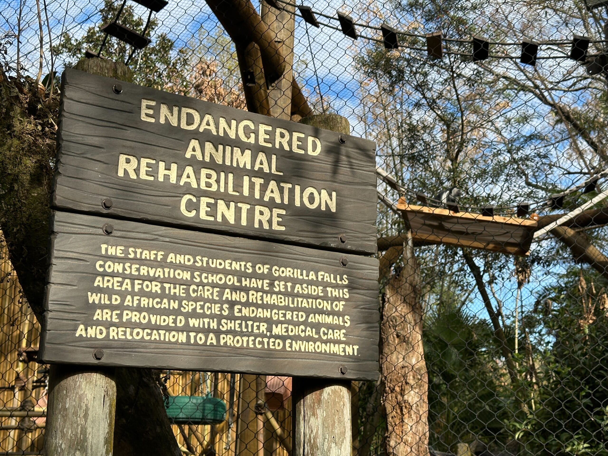 Another sign posted nearby explains that this area of the park has been set aside for the care and rehabilitation of endangered African animals.