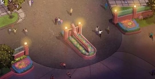 Aerial view of a themed plaza with trees, pathways, and large buildings, including one with a blue sorcerer’s hat.