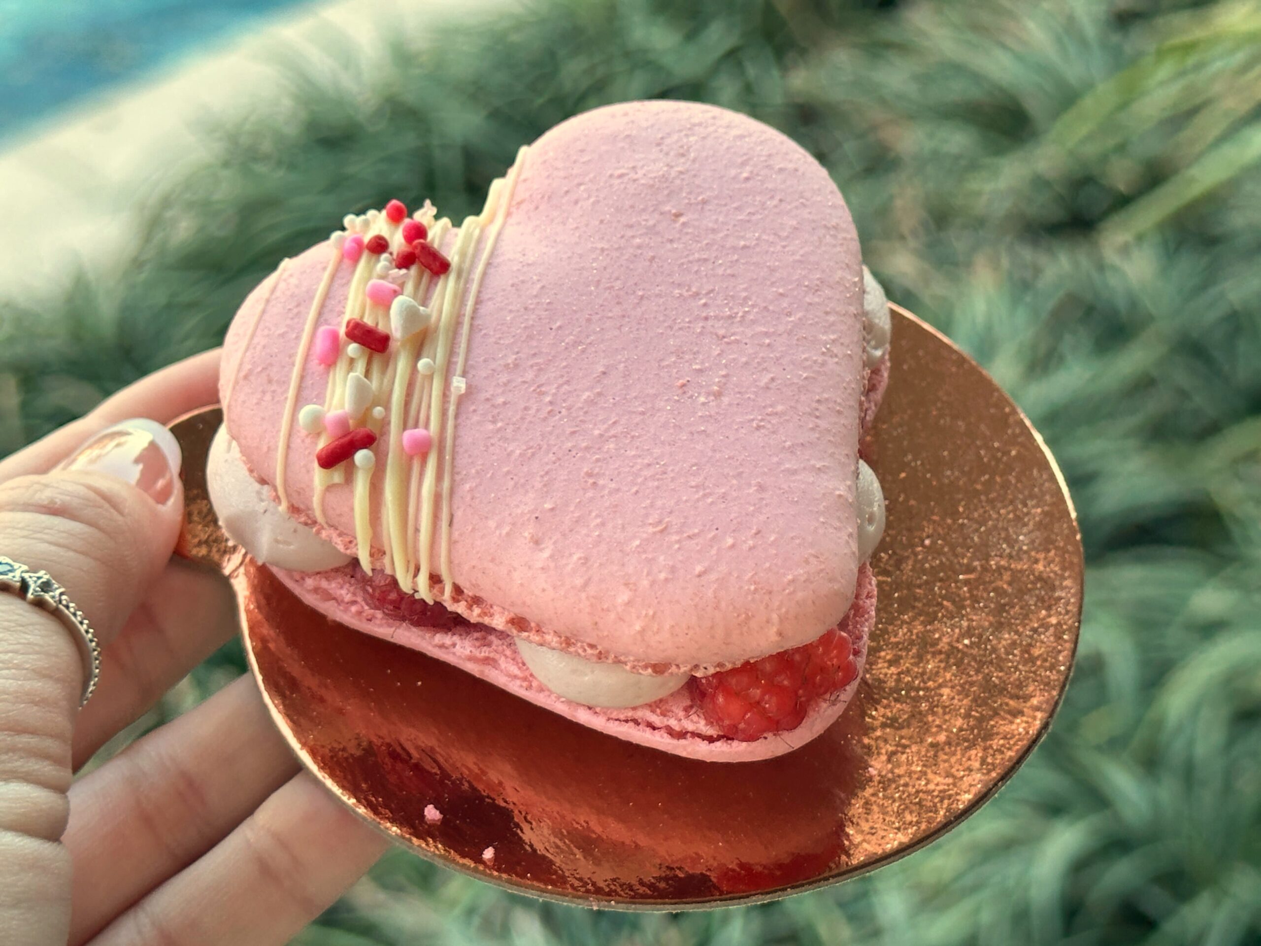 A Raspberry Macaron Heart is available at Disney World for Valentine's Day offerings.