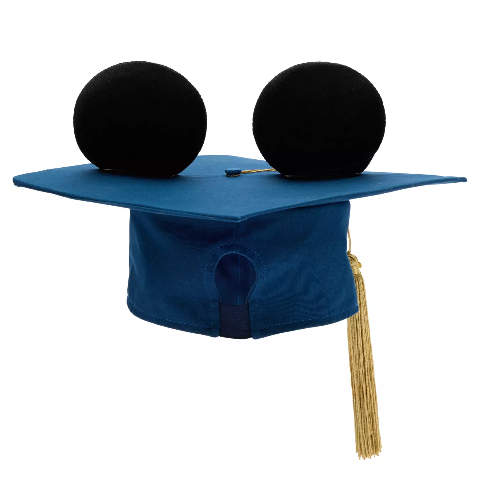 The ear hat is a full-sized graduation cap with black Mickey ears on top. Like the ear headband, the hat is blue. "Class of 2026" is embroidered on the front. A gold tassel and "2026" charm are on top.