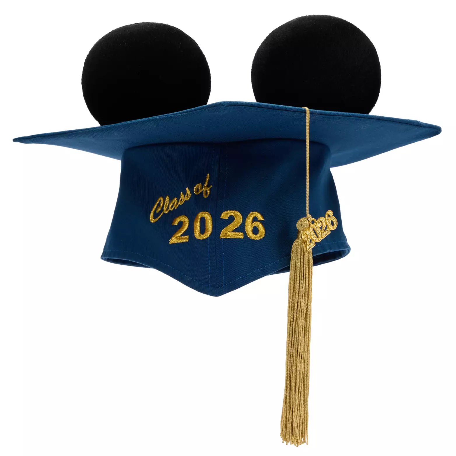 The ear hat is a full-sized graduation cap with black Mickey ears on top. Like the ear headband, the hat is blue. "Class of 2026" is embroidered on the front. A gold tassel and "2026" charm are on top.