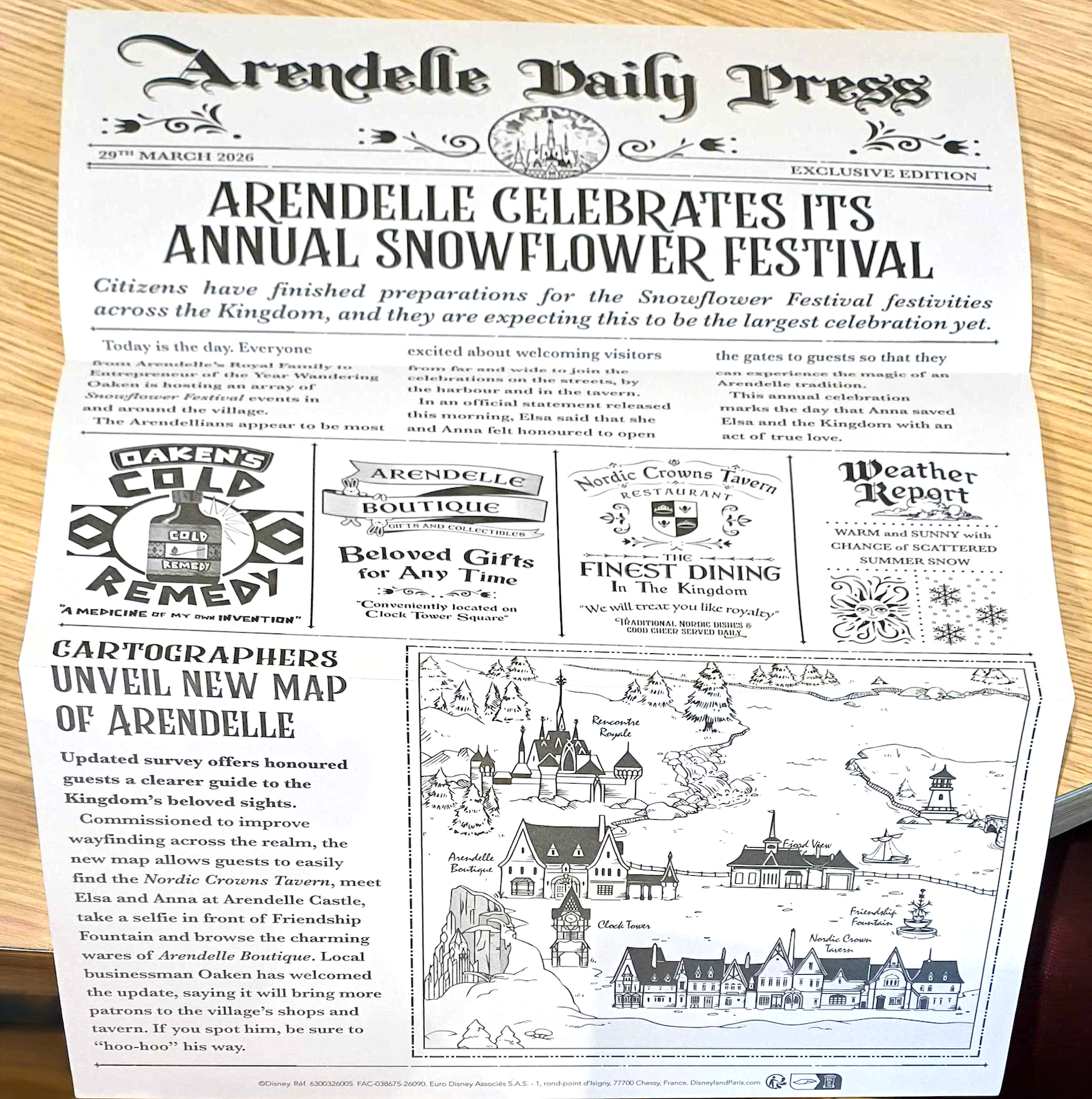 Commemorative ‘Arendelle Daily Press’ Newspaper Gifted to Opening Day Guests of World of Frozen