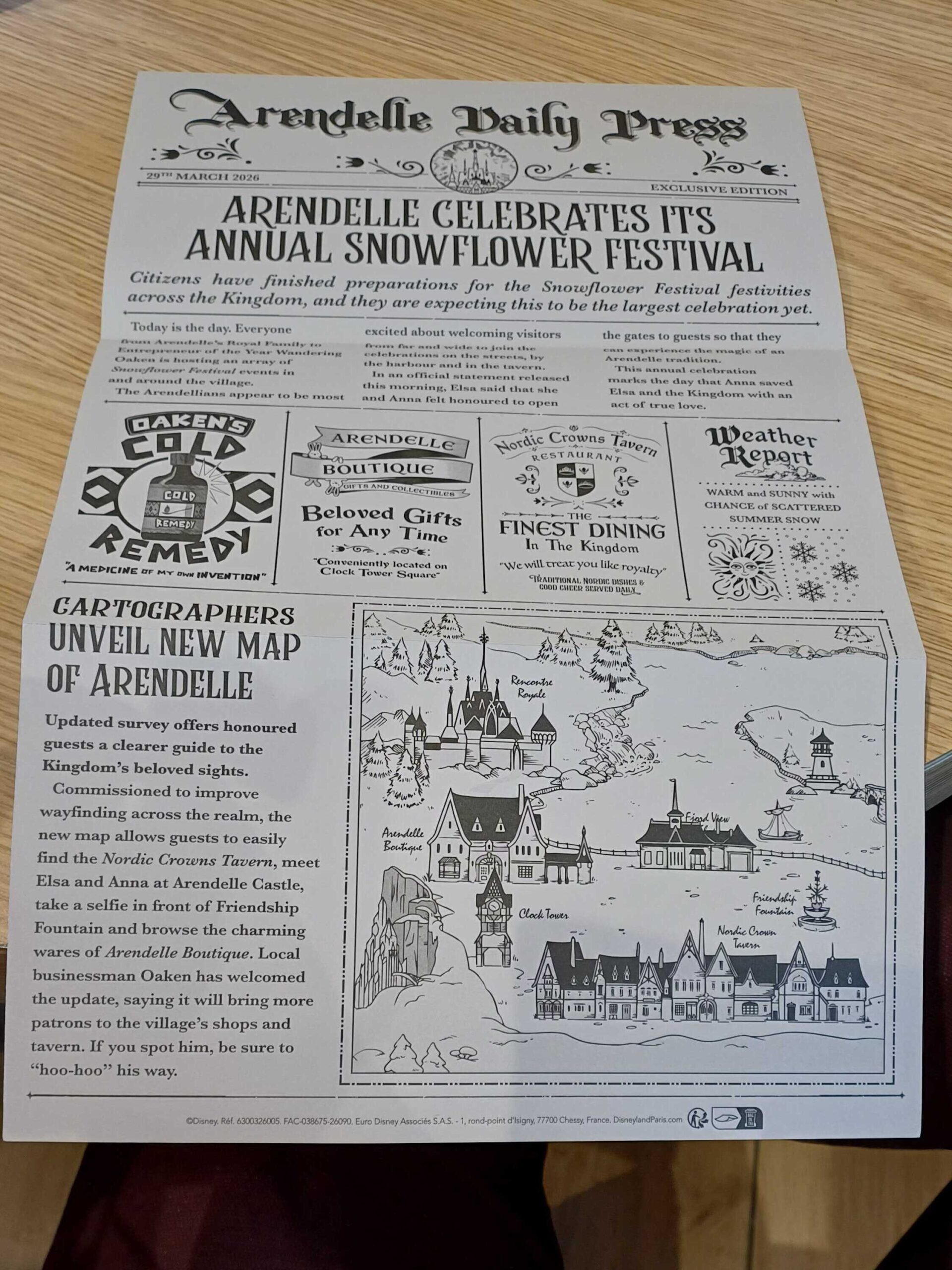 DLP DAW souvenir newspaper from Arendelle Daily Press for opening day of World of Frozen