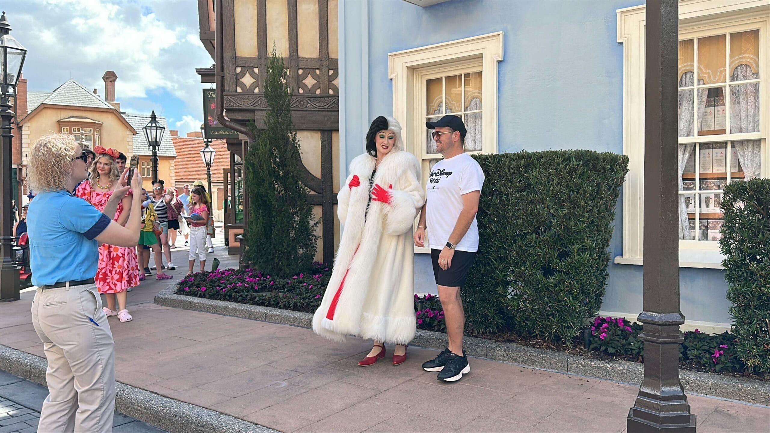 Cruella De Vil met with guests mid-day on March 4 in the United Kingdom Pavilion at EPCOT.