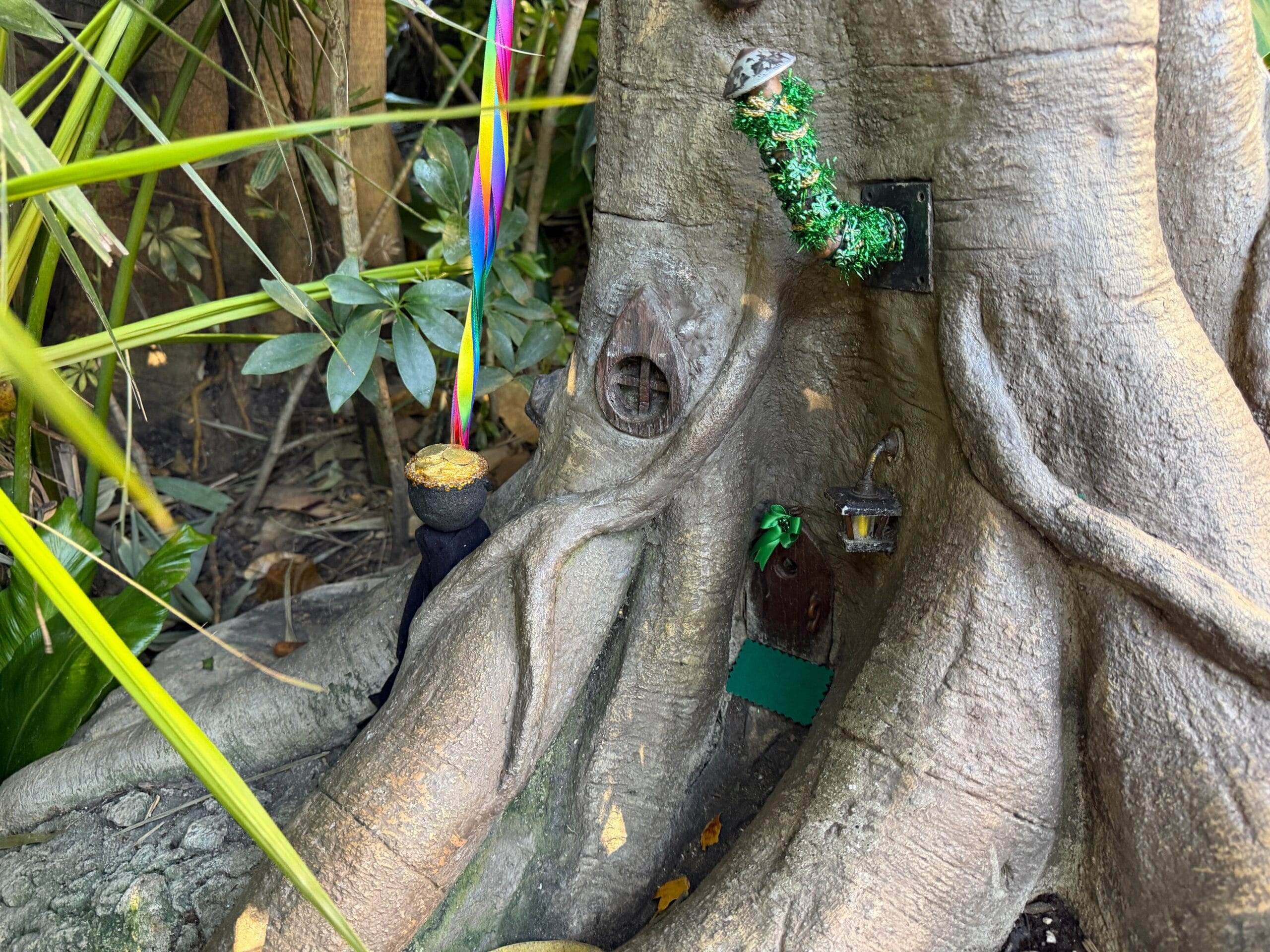 Leprechaun Patrick Begorra's tree home decorated for St. Patrick's Day in Disneyland