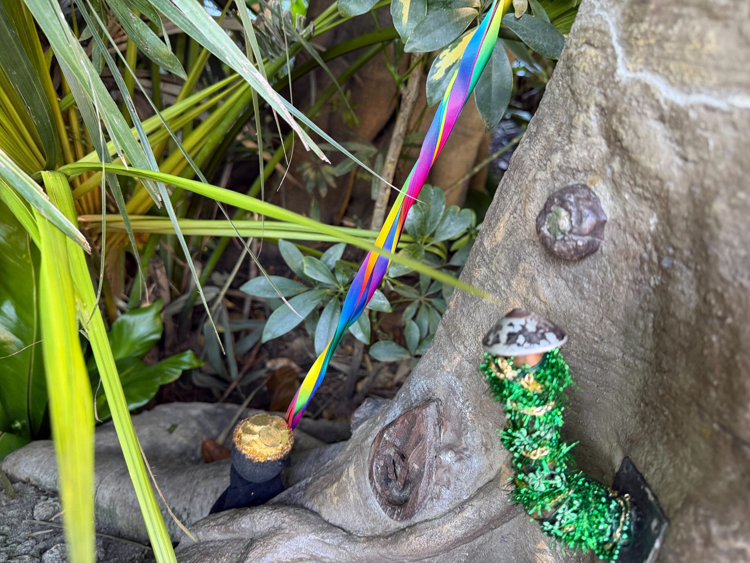 Leprechaun Patrick Begorra's tree home decorated for St. Patrick's Day in Disneyland