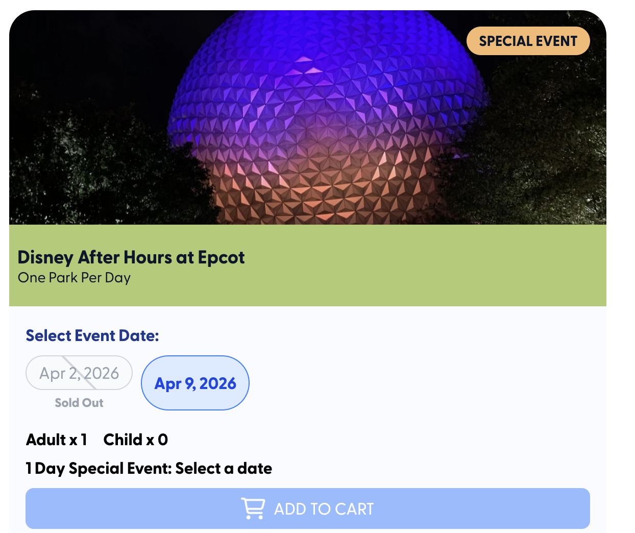 As you can see above, the April 2, 2026, Disney After Hours at Epcot is sold out, but tickets are remaining for the one on April 9.
