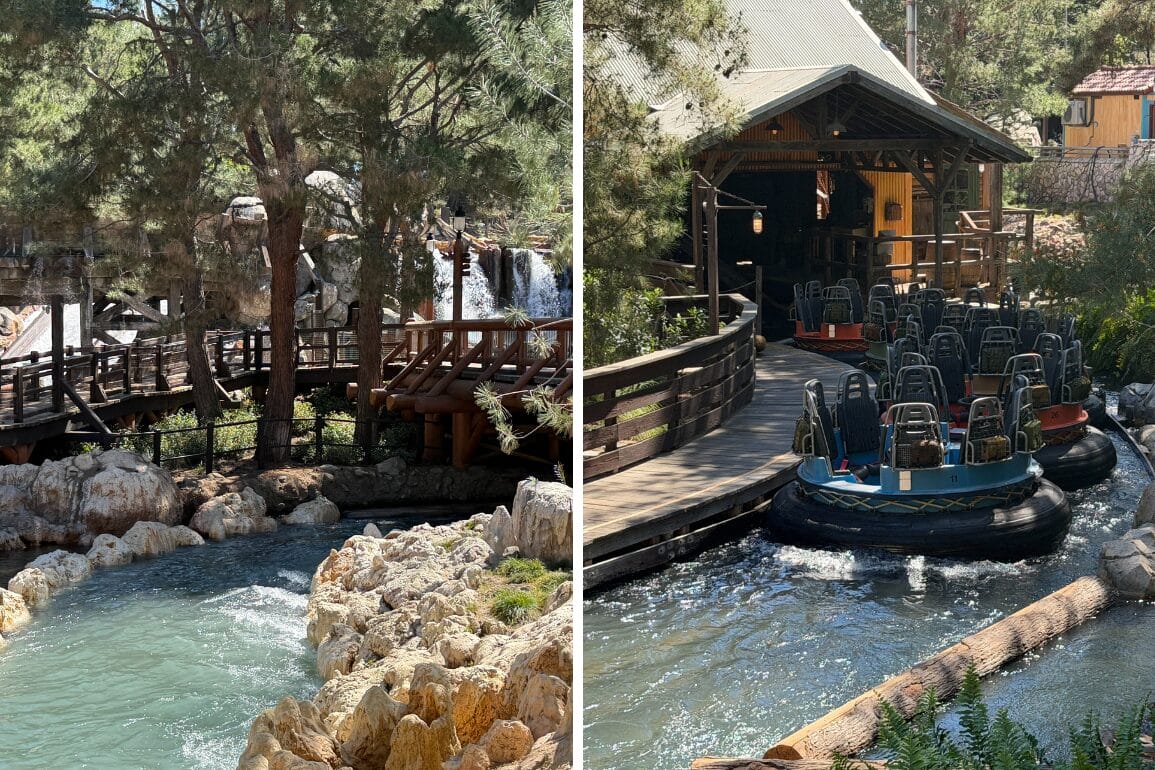 Water added and rapids running at Grizzly River Run at Disney California Adventure.