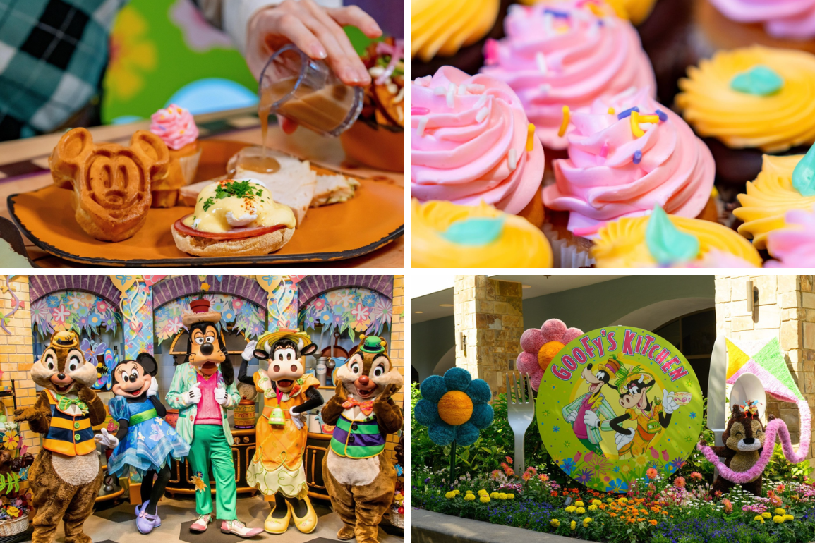 Collage image of new food, decorations, and character meet and greets for the springtime dining experience at Goofy's Kitchen at the Disneyland Hotel.