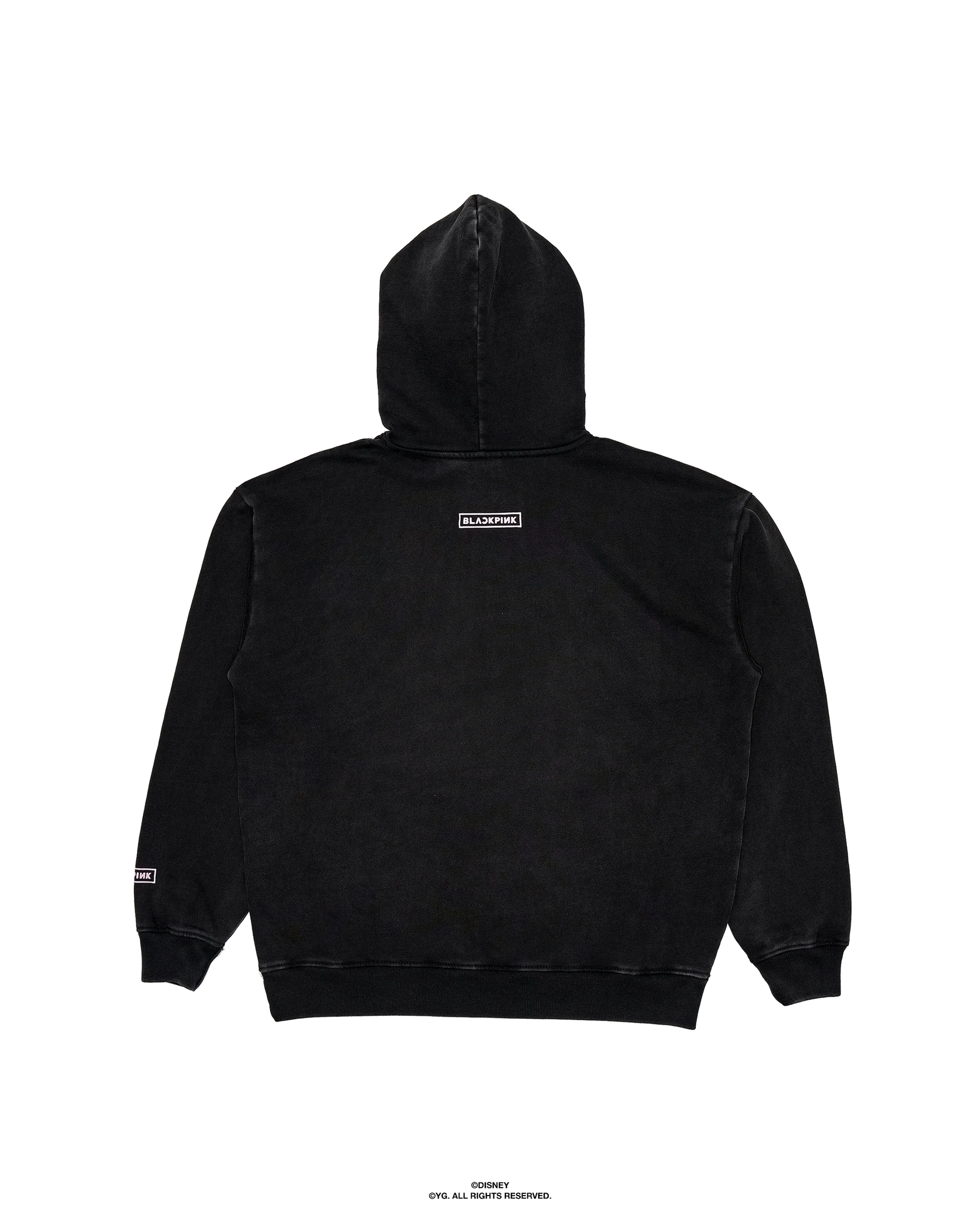 The hoodie has an acid wash look and an oversized print of Mickey Mouse in pink. The sweatshirt has a kangaroo pocket with BLACKPINK written across it.