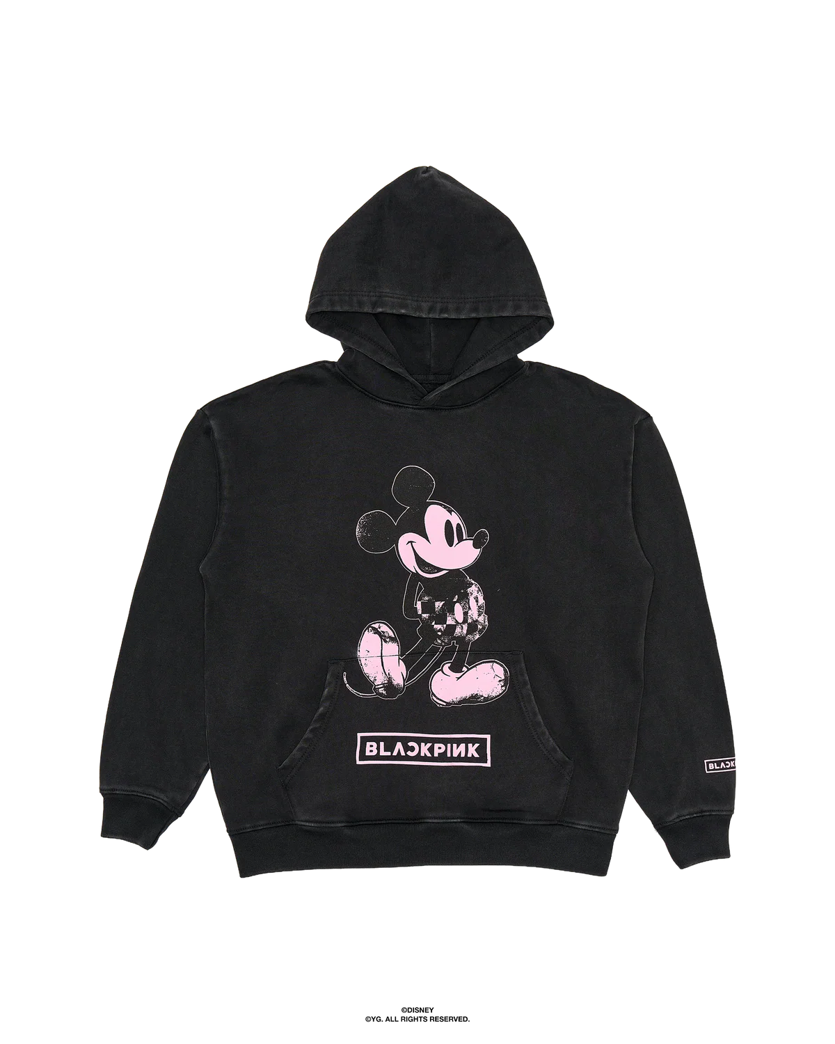 The hoodie has an acid wash look and an oversized print of Mickey Mouse in pink. The sweatshirt has a kangaroo pocket with BLACKPINK written across it.