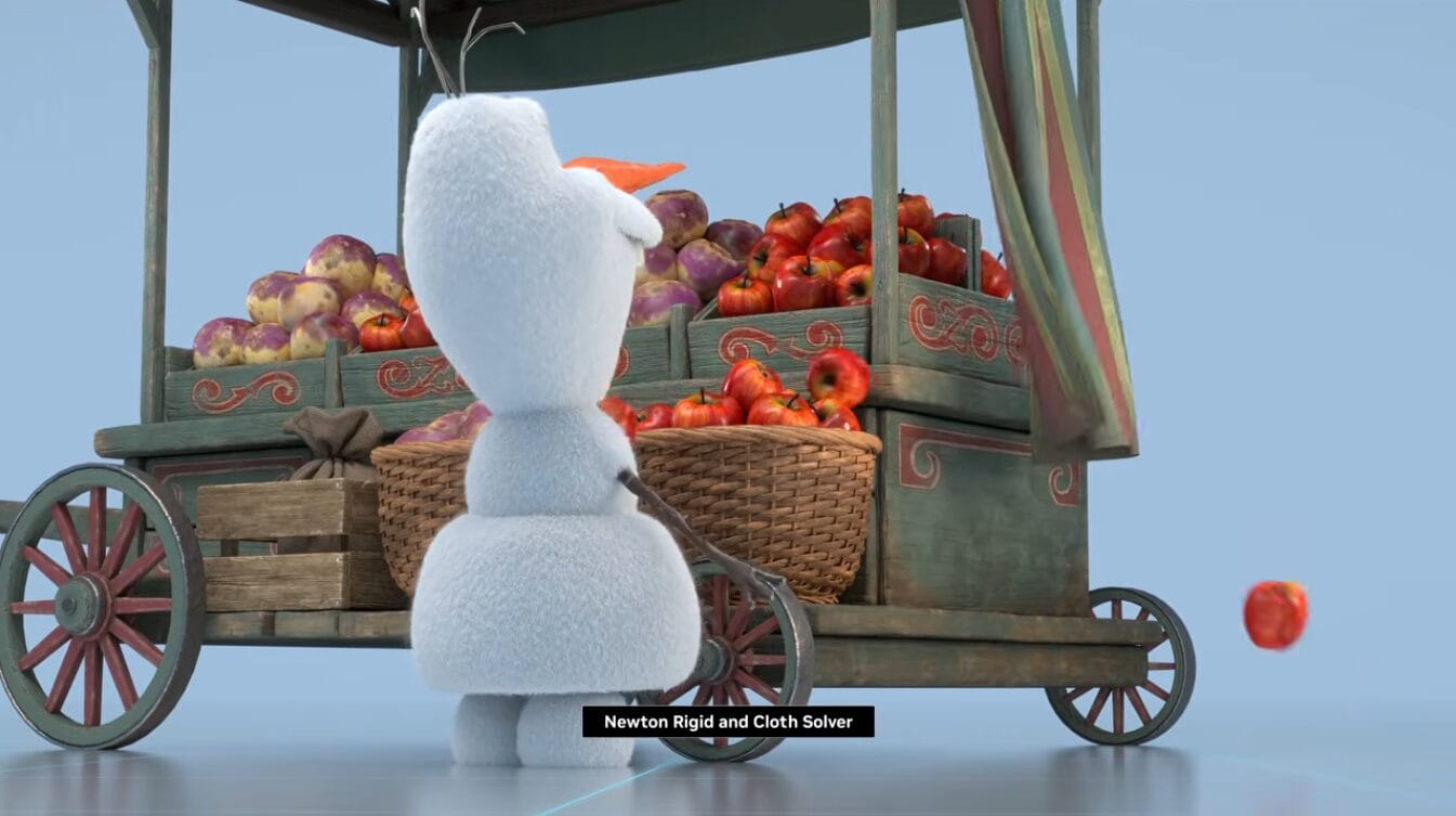 Simulations of Olaf animatronic navigating collision with a cart