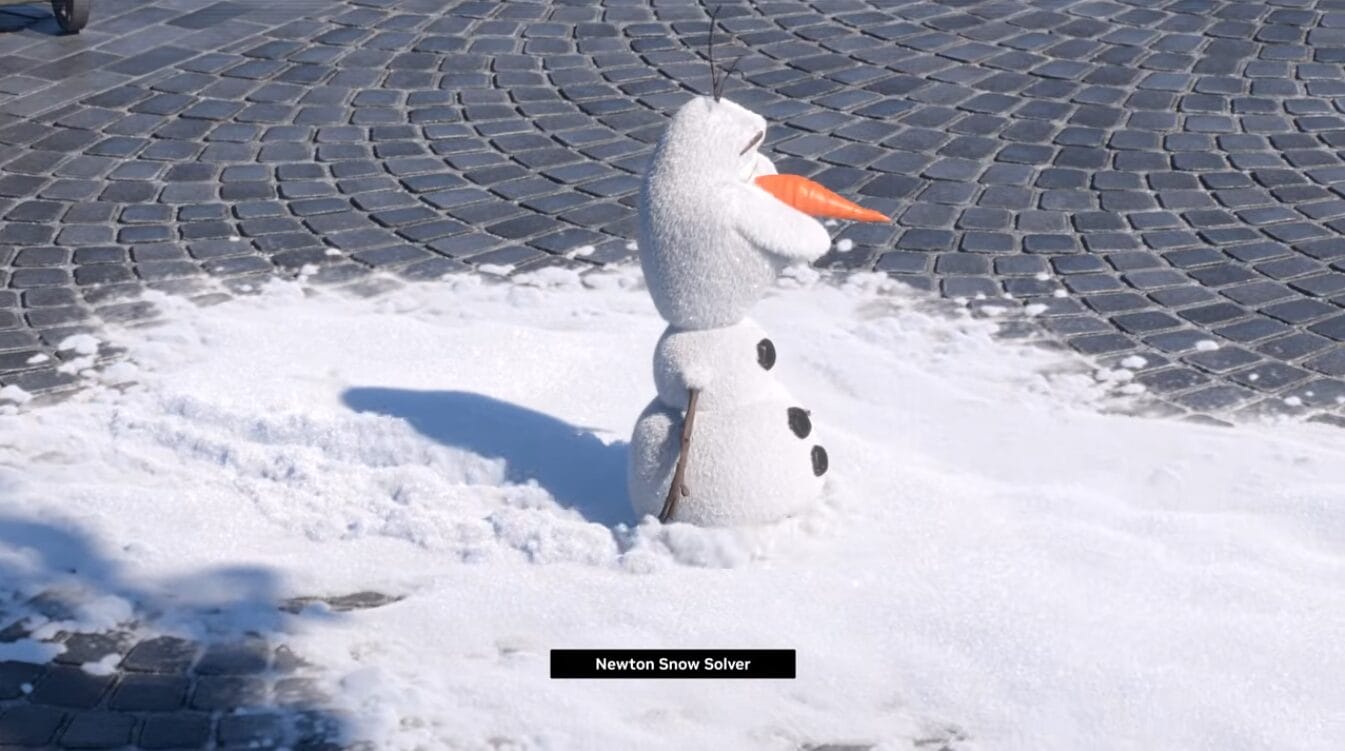 Simulations of Olaf animatronic navigating walking through snow