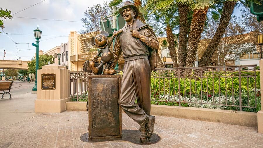 Debuted at Disney California Adventure in 2012, this bronze statue was designed by Rick Terry and Ray Spencer. While "Partners" shows Walt Disney and Mickey at the prime of Disney's career, "Storytellers" is focused on the early years around 1923. This statue area has two plaques. On the right side of the statue quotes Disney in saying "We are just getting started."