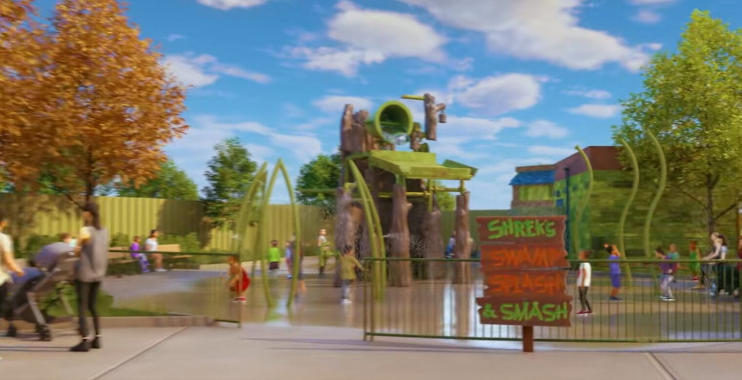 Guests can also meet Shrek and Fiona, and play in two interactive play areas: Shrek’s Swamp Rompin’ Stomp and Shrek’s Swamp Splash & Smash. One will be a splash zone, while the other will take place in a "Swamp Castle". The splash pad shown in the video appears to be the one from Universal Studios Florida, which was recently removed.