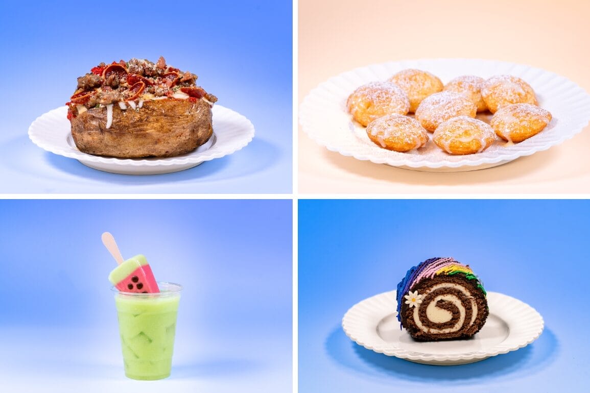 Bluey food coming to Disneyland: pizza baked potato, poffertjes, watermelon ice block drink, and a cake roll