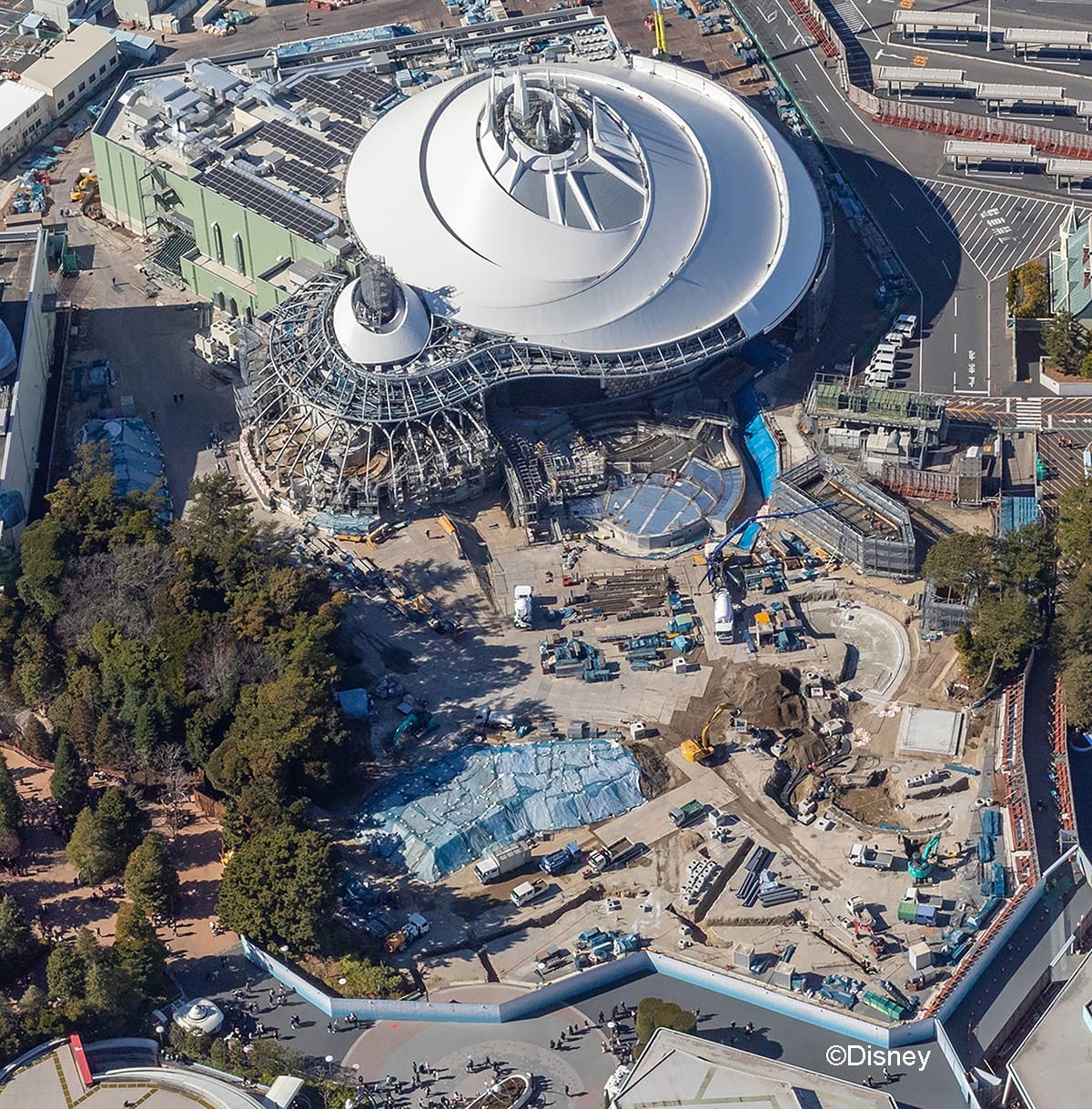 Aerial View of Brand-New Space Mountain Under Construction at Tokyo Disneyland