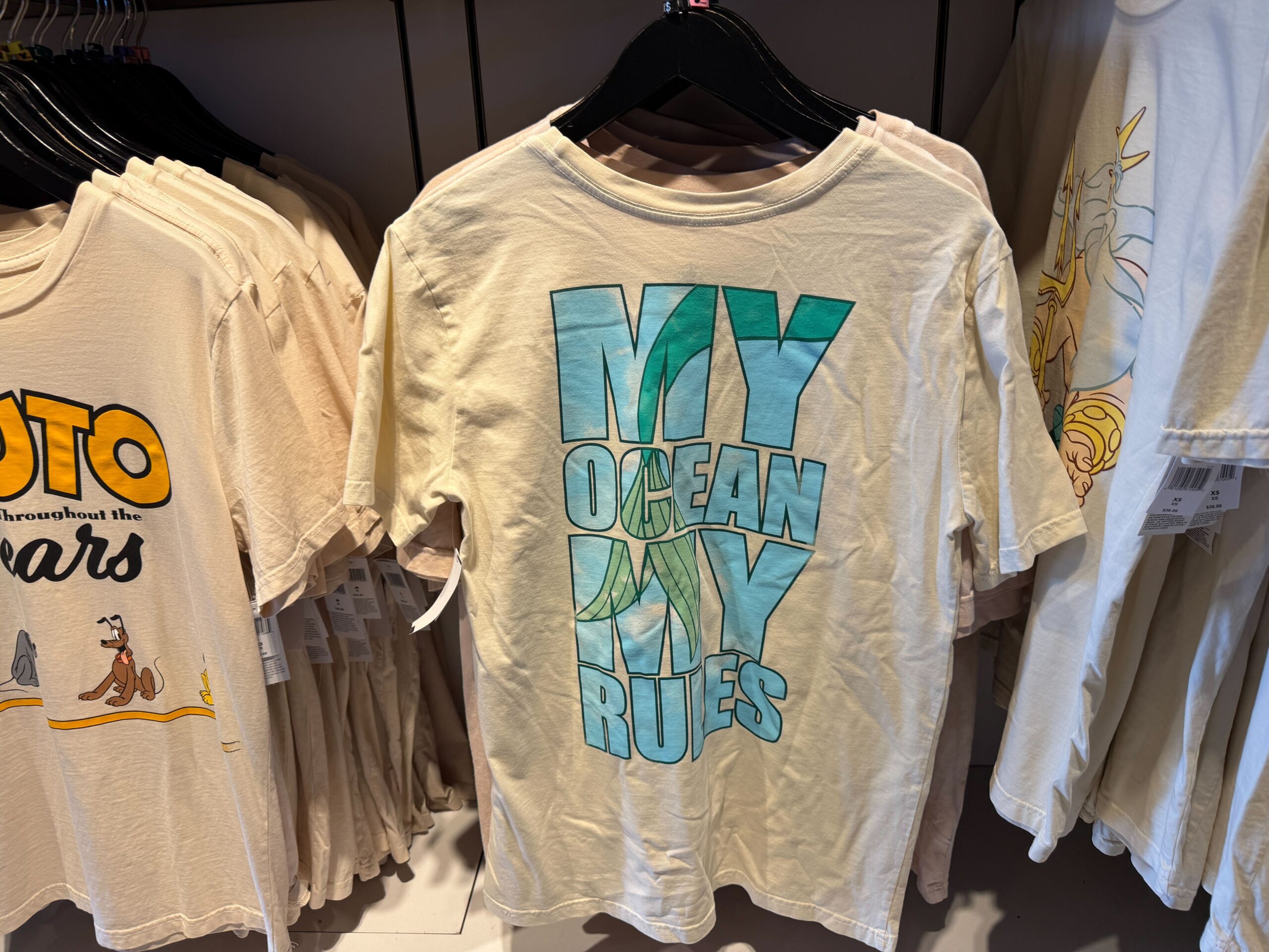 King Triton from The Little Mermaid is pictured on the front of this t-shirt. On the back in big block letters is "My Ocean, My Rules."