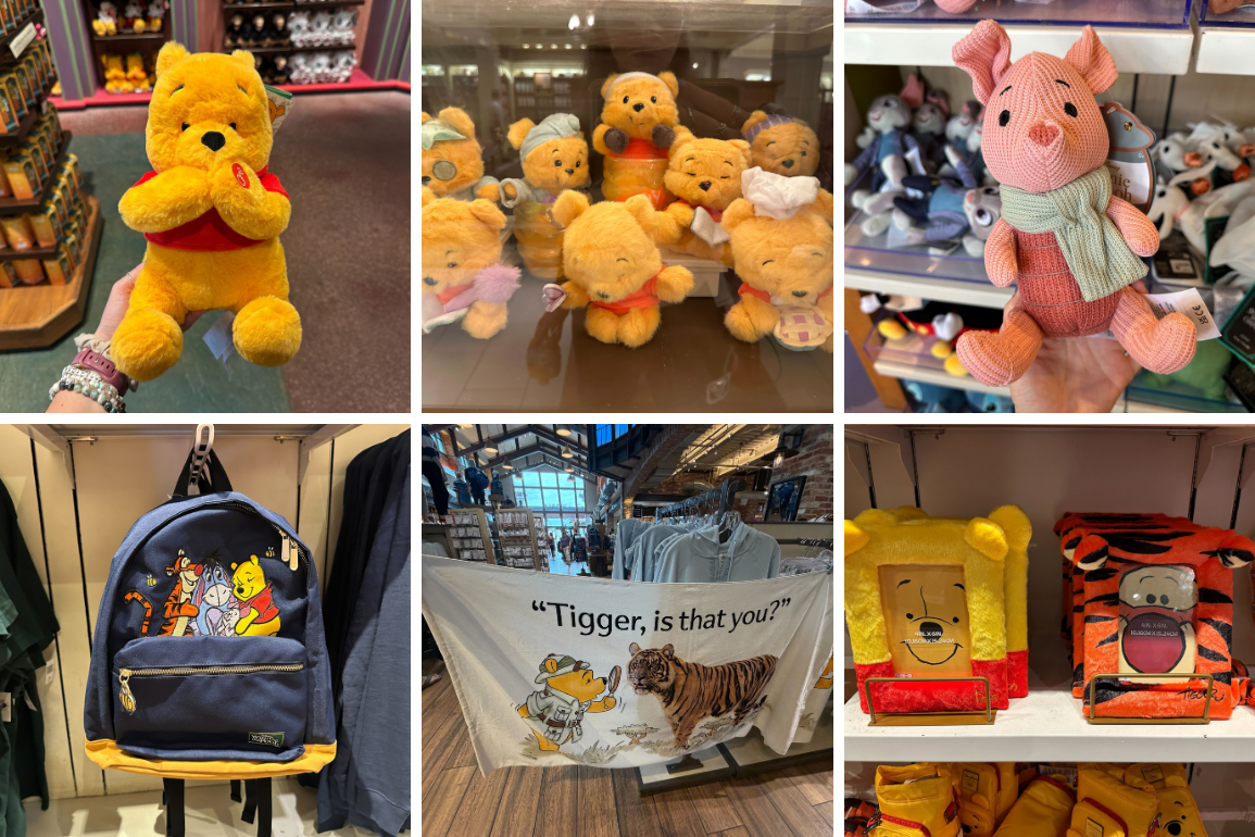 Collage image of Winnie the Pooh plush, home goods, and more now available at Walt Disney World.