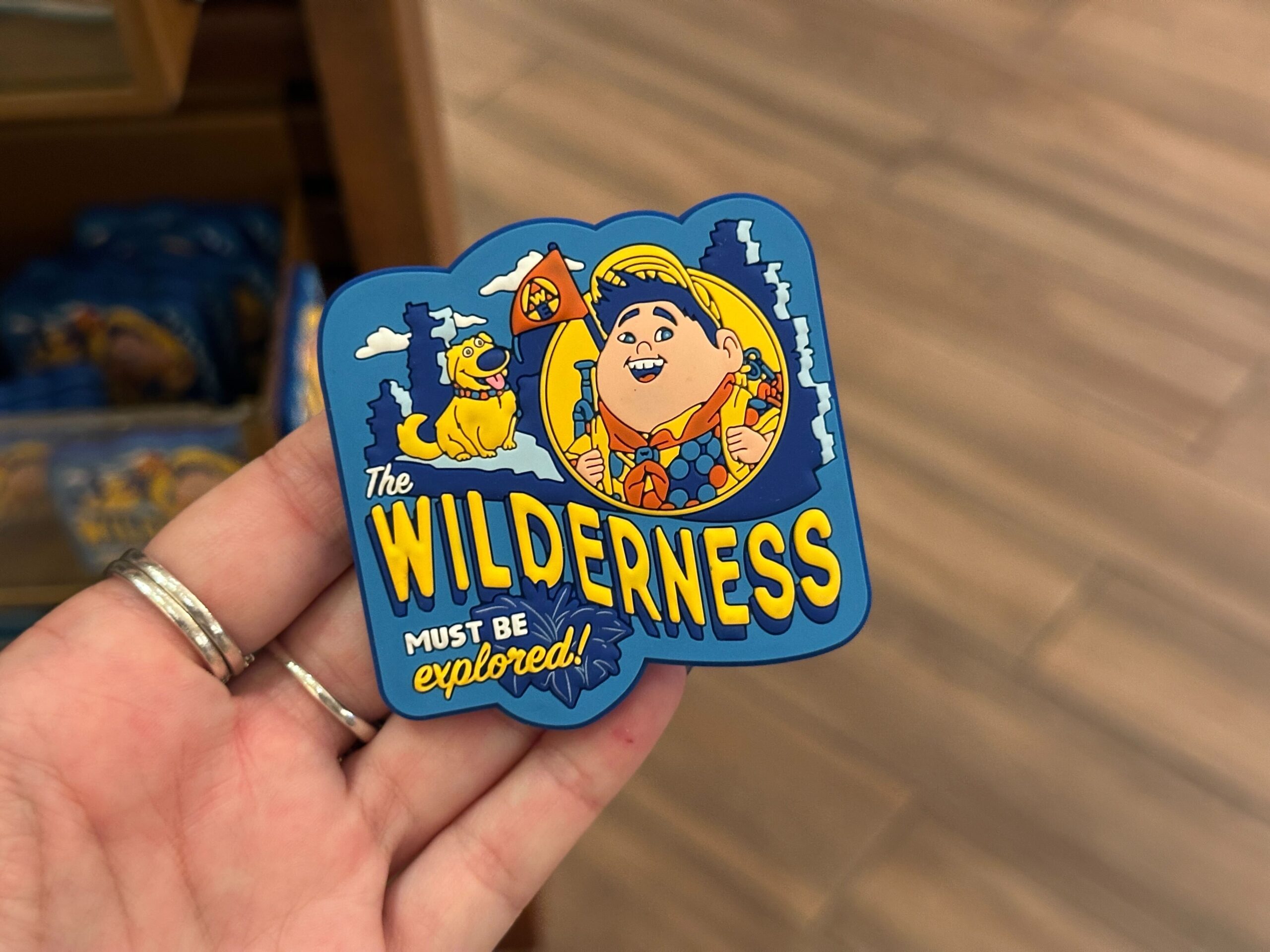 Russell, in his Wilderness Explorer uniform, looks ready for adventure on this magnet. Beside him is Dug waiting patiently. Beneath them are the words "The Wilderness must be explored!"