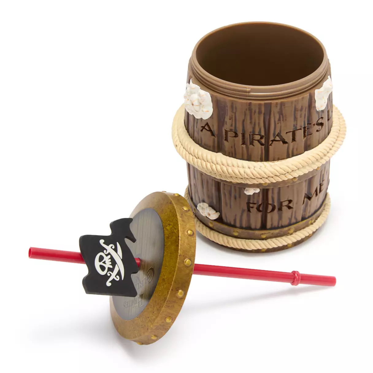 The twist-off lid is printed with the Pirates of the Caribbean wordmark. It comes with a red straw adorned with a black Jolly Roger flag.