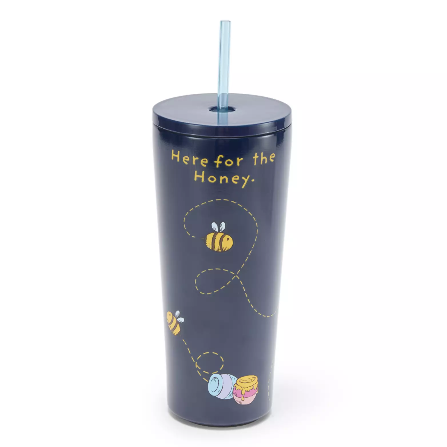 In navy blue, this travel tumbler features Pooh Bear, Piglet, Eeyore, and Tigger sitting on one another’s shoulders in a tower. Bumblebees are buzzing around them on the front. On the back are the words “here for the honey” in yellow with more bumblebees and honey jars. Little yellow contrails follow the bees to show their flight patterns.