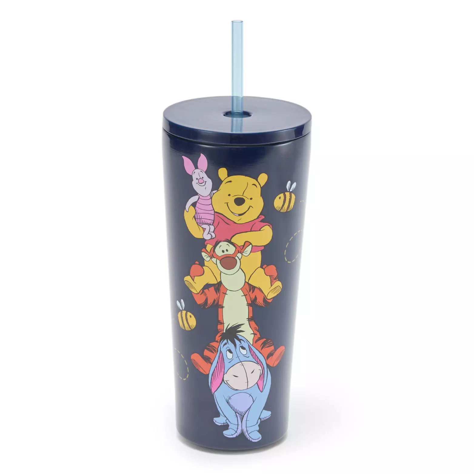 In navy blue, this travel tumbler features Pooh Bear, Piglet, Eeyore, and Tigger sitting on one another’s shoulders in a tower. Bumblebees are buzzing around them on the front. On the back are the words “here for the honey” in yellow with more bumblebees and honey jars. Little yellow contrails follow the bees to show their flight patterns.