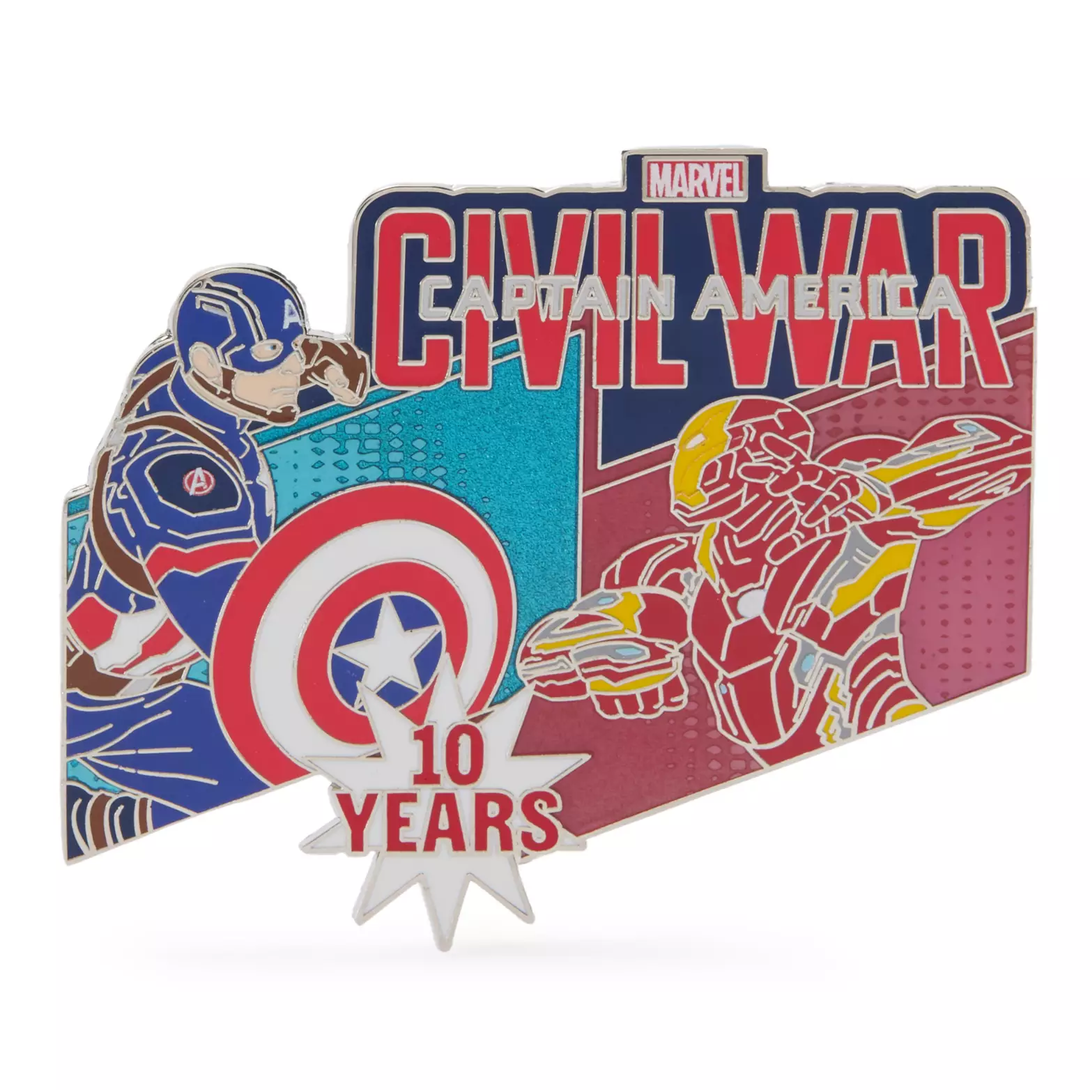 This pin features Iron Man and Captain America facing off with the Civil War logo above them. “10 Years” is on a starburst at the bottom of the pin.