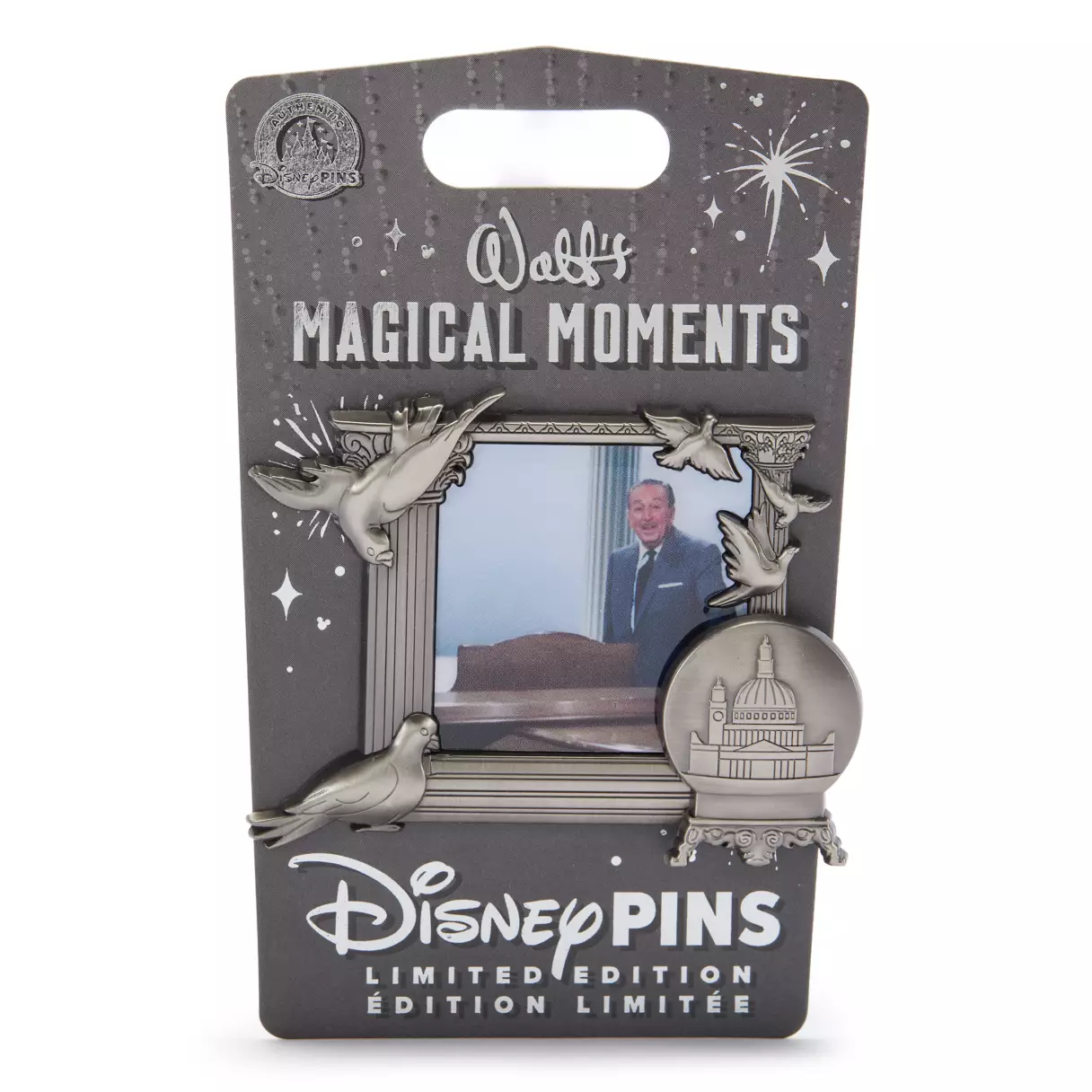 This limited edition pin has a color image of Walt Disney in the middle, flanked by a frame made from columns, pigeons, and the St. Paul's Cathedral snow globe from Mary Poppins.