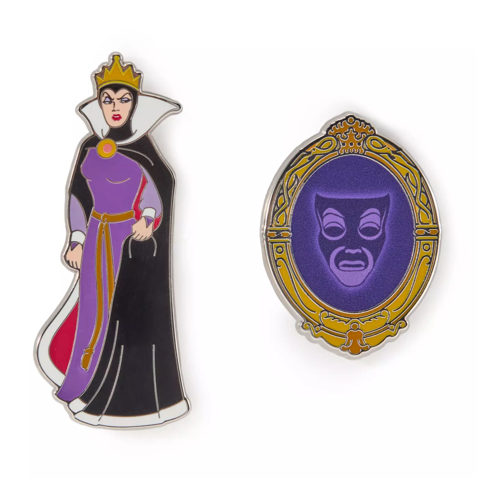 This build-a-pin set comes with the Evil Queen and her Magic Mirror. They can be attached to a base pin, but this set does not come with the base.