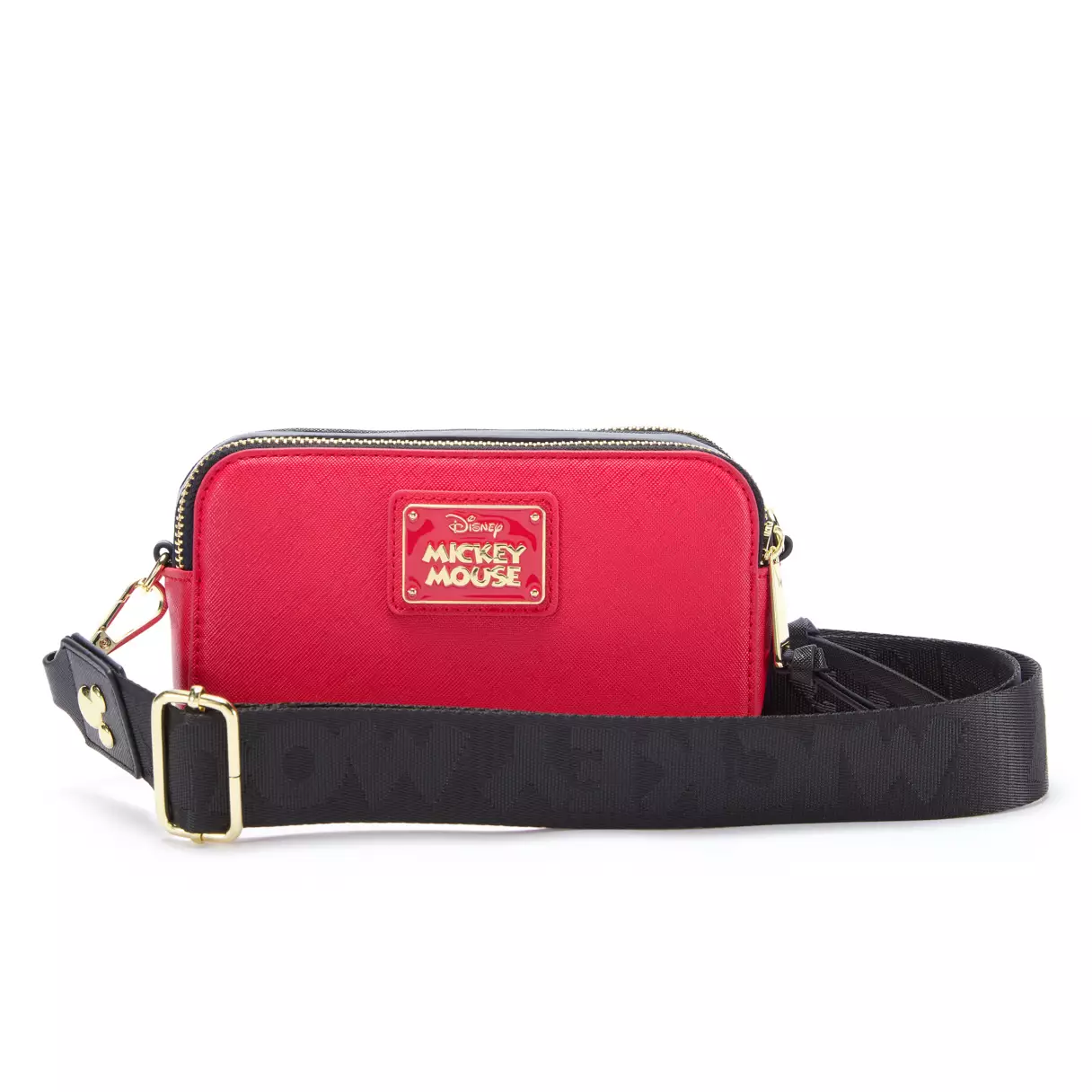 Similarly, a red faux-leather belt bag is available. It has one large gold-toned Mickey head icon on the front with a red and gold Mickey Mouse plate on the back. The black belt reads "Mickey Mouse" across it.