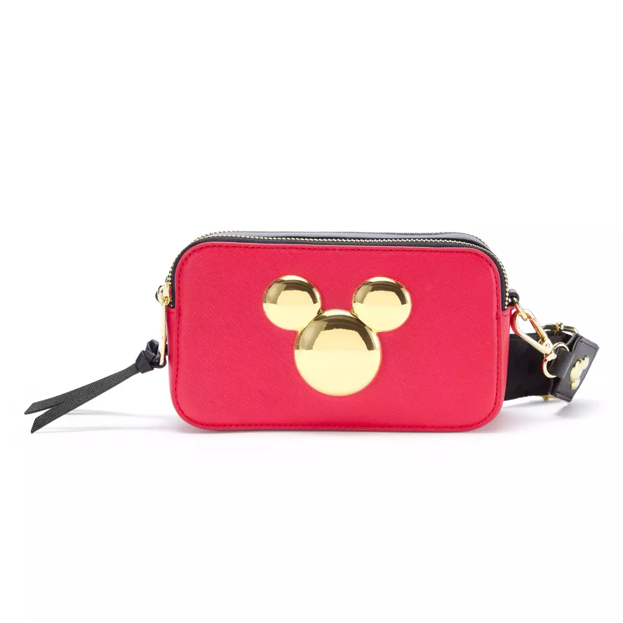 Similarly, a red faux-leather belt bag is available. It has one large gold-toned Mickey head icon on the front with a red and gold Mickey Mouse plate on the back. The black belt reads "Mickey Mouse" across it.