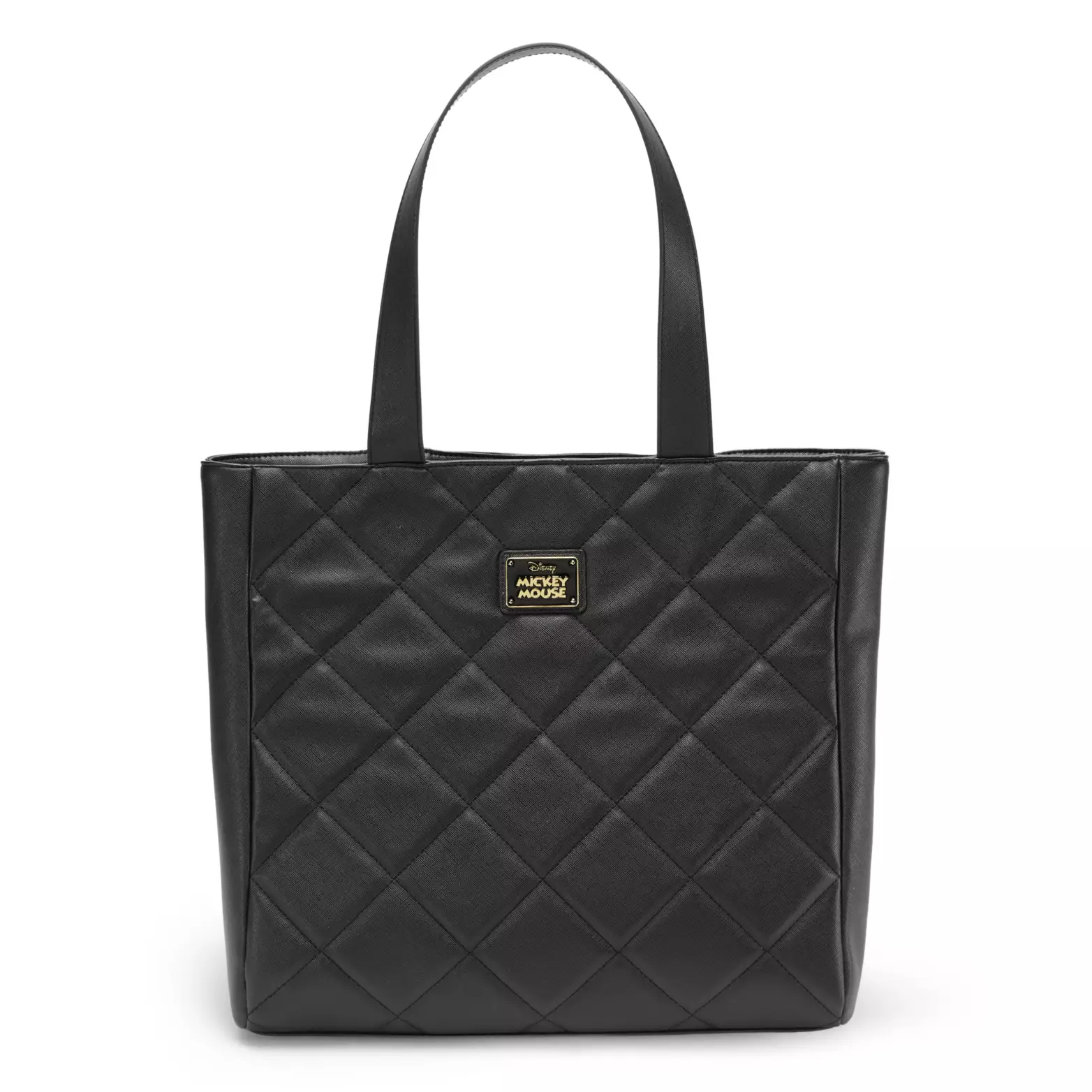 The back is plain except for a metal Mickey Mouse logo plate in matching black and gold. This tote also has an interior slip pocket.