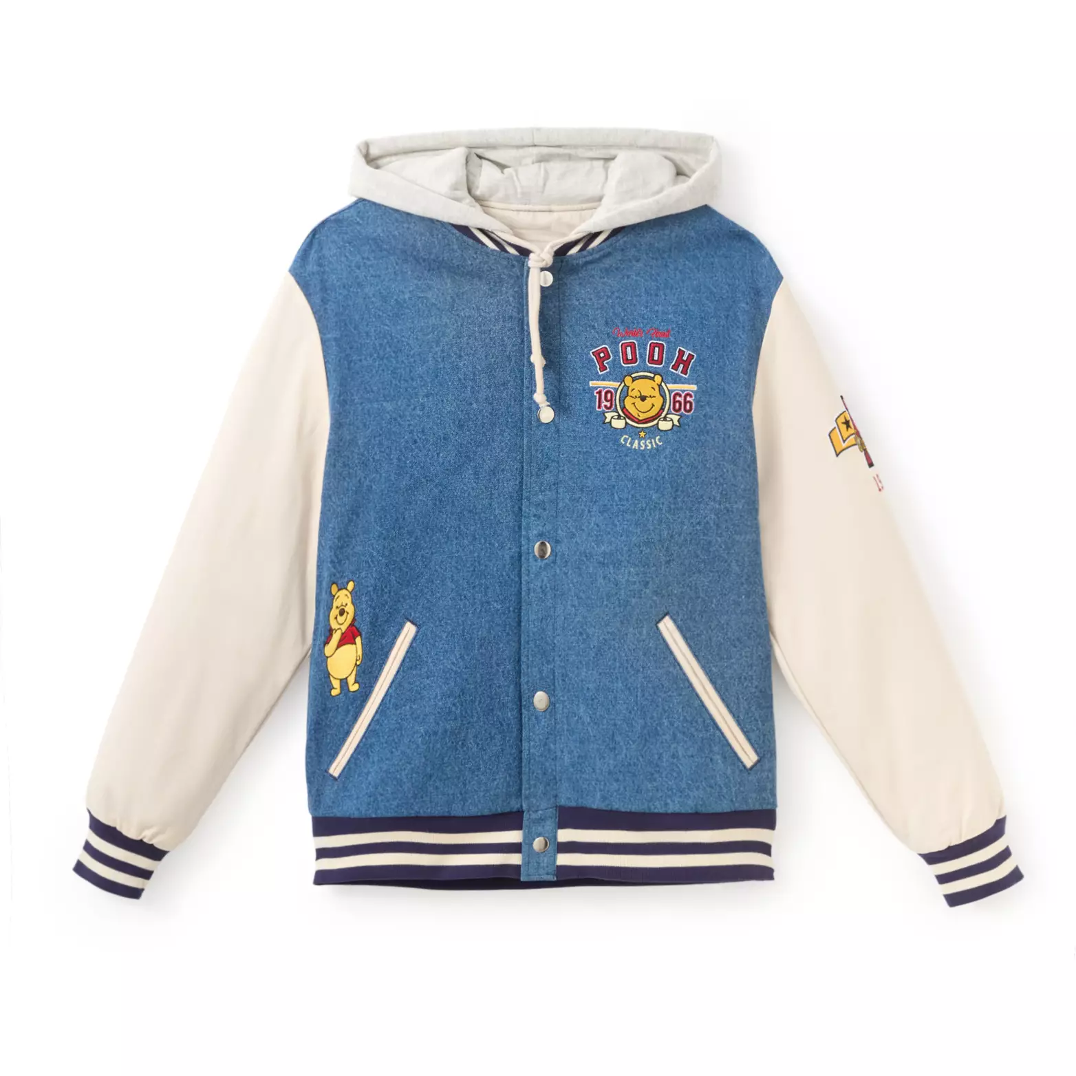With a denim-colored center and white sleeves with striped hems, this varsity jacket celebrates Pooh Bear. An appliqué of Pooh in a contemplative pose is above the right pocket. While an embroidery of Pooh's name, his face, "1966", and "classic" are on the left-hand chest. "1966" is a reference to the animated short film Winnie the Pooh and the Honey Tree, which premiered that year.