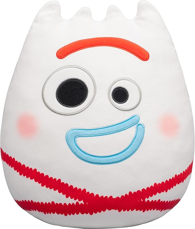 Forky has a big smile on his face with this Squishmallow. There is a slight blush to his cheeks, and his facial features are embroidered.