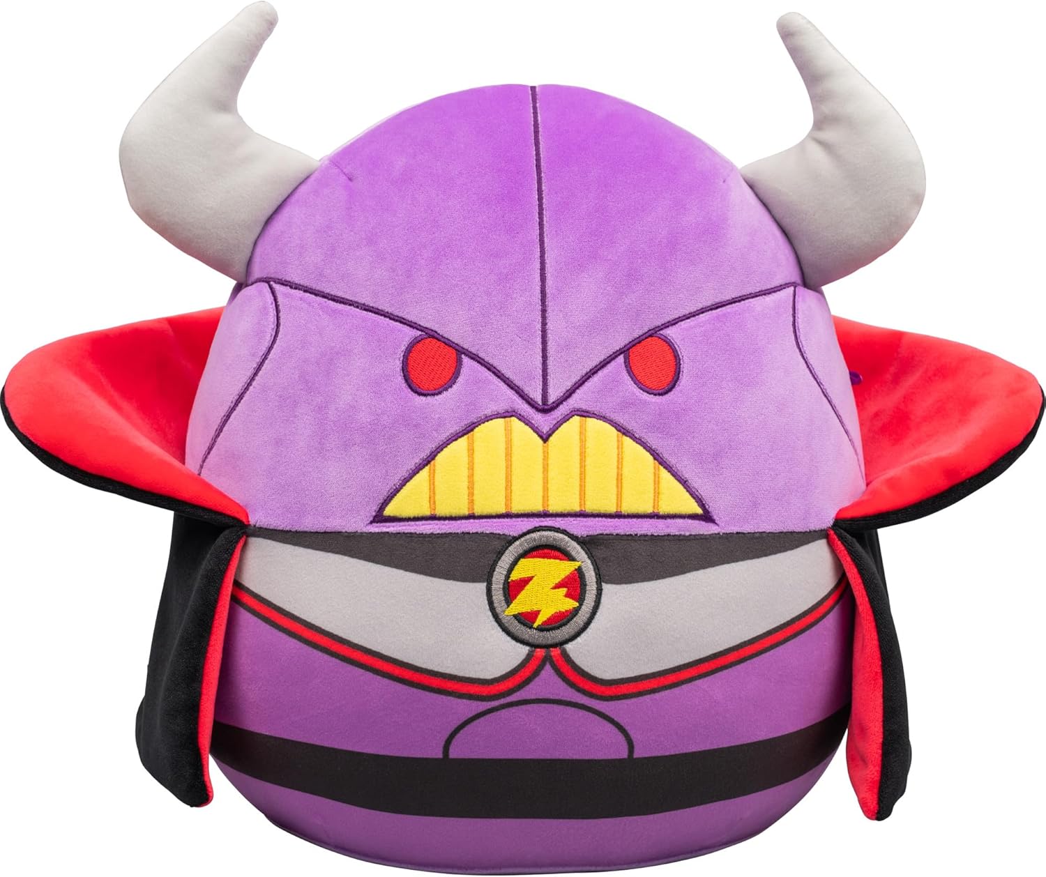 Zurg's Squishmallow looks menacing. His brow is furrowed, and his mouth is downturned. His horns and cape are both 3D features on this Squishmallow, which come off the main body of the toy. His details like his facial features are embroidered.
