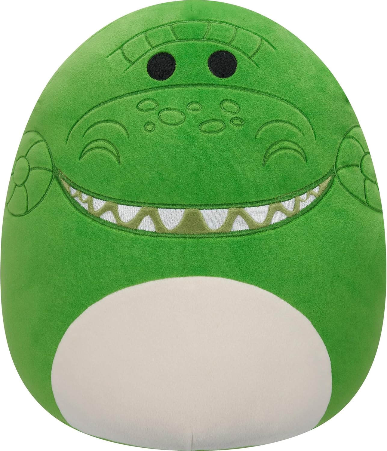 Rex has a lot of embroidered details, from his teeth to his quizzical brow and nose details. He also has a big smile on his face and his belly is white while the rest of the Squishmallow is a bright green.