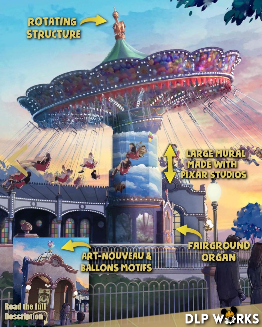 At the top of the rotating canopy appears to be Carl and Ellie's house. Balloon motifs are shown throughout the concept art design. The decorative metal framework and other artwork throughout are of the Art Nouveau style, linking the attraction to the early days of aviation. At the base of the attraction structure will be a fairground organ, giving the ride a unique sound that also places it in a historical context.
