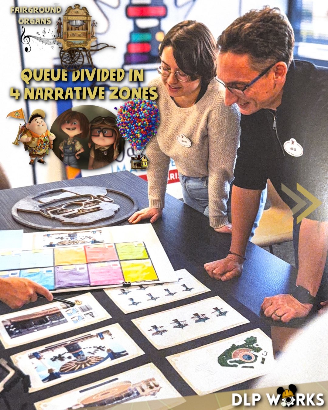 In Disney fashion, the queue is also being developed to be themed. For this Up-coming attraction, there will be four narrative zones outlining adventure as an overall theme. In the first section are childhood memories of Carl & Ellie, such as their aviator goggles or their shared adventure book.