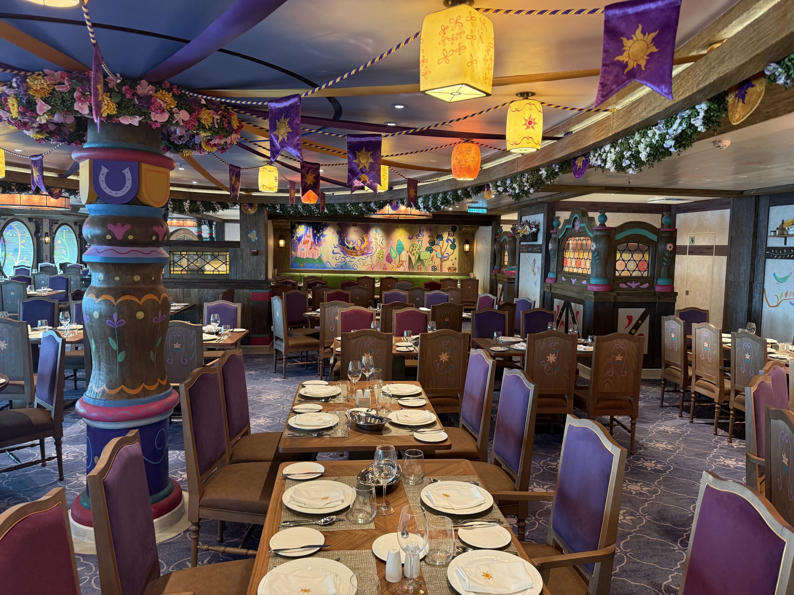Maximus Tangled-themed dining room in Enchanted Summer restaurant on the Disney Adventure cruise ship