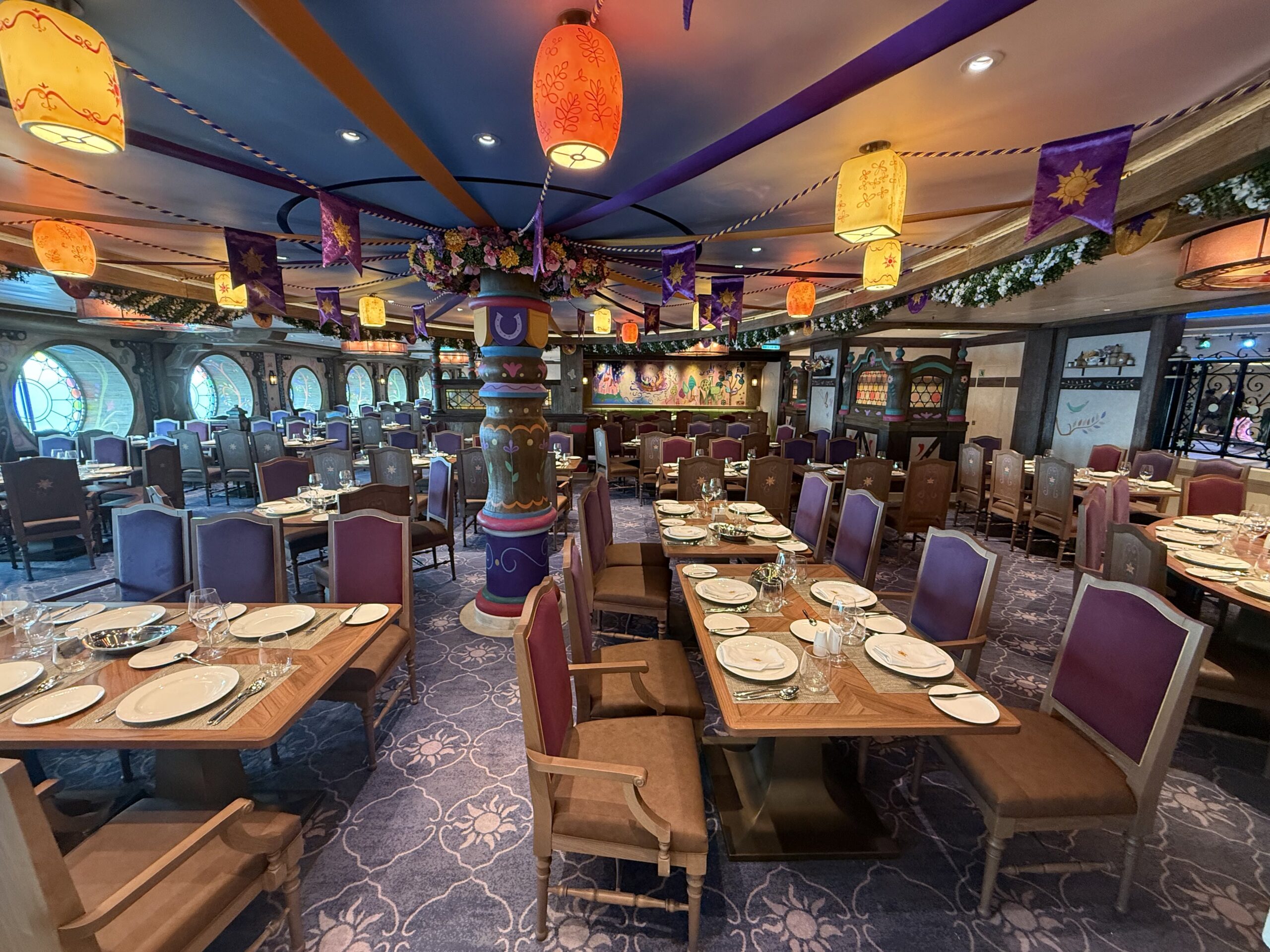 Maximus Tangled-themed dining room in Enchanted Summer restaurant on the Disney Adventure cruise ship
