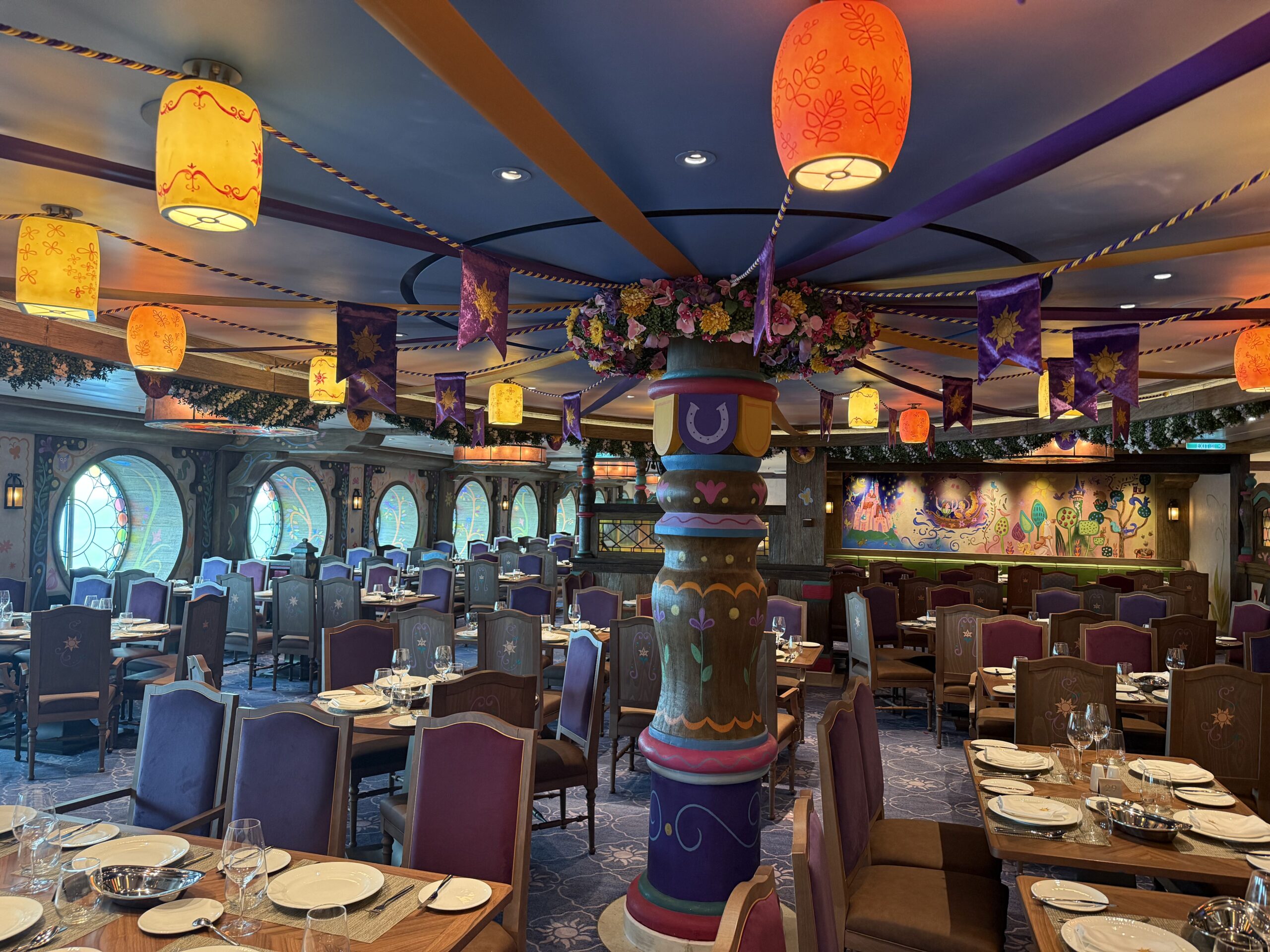 Maximus Tangled-themed dining room in Enchanted Summer restaurant on the Disney Adventure cruise ship
