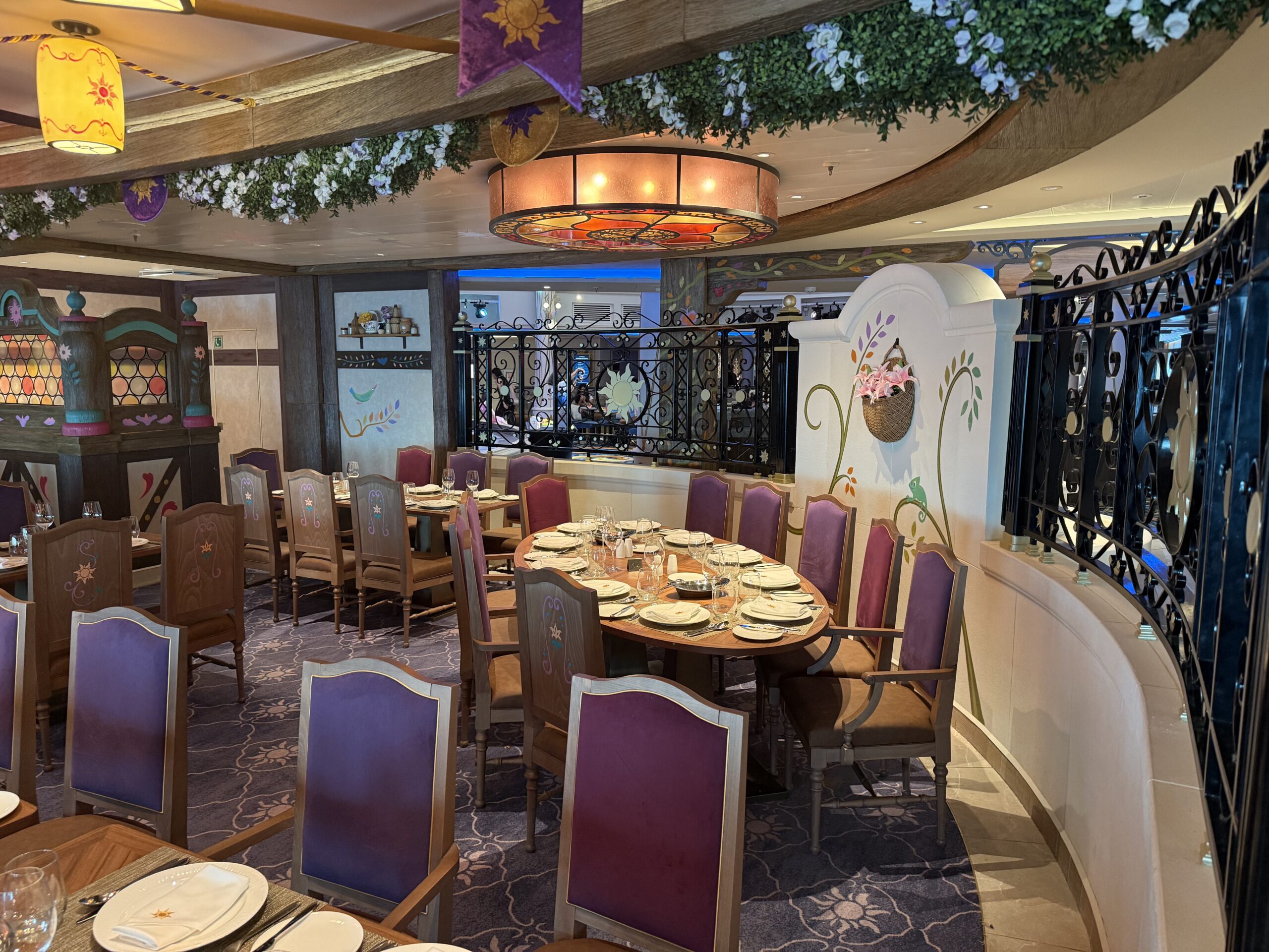 Maximus Tangled-themed dining room in Enchanted Summer restaurant on the Disney Adventure cruise ship