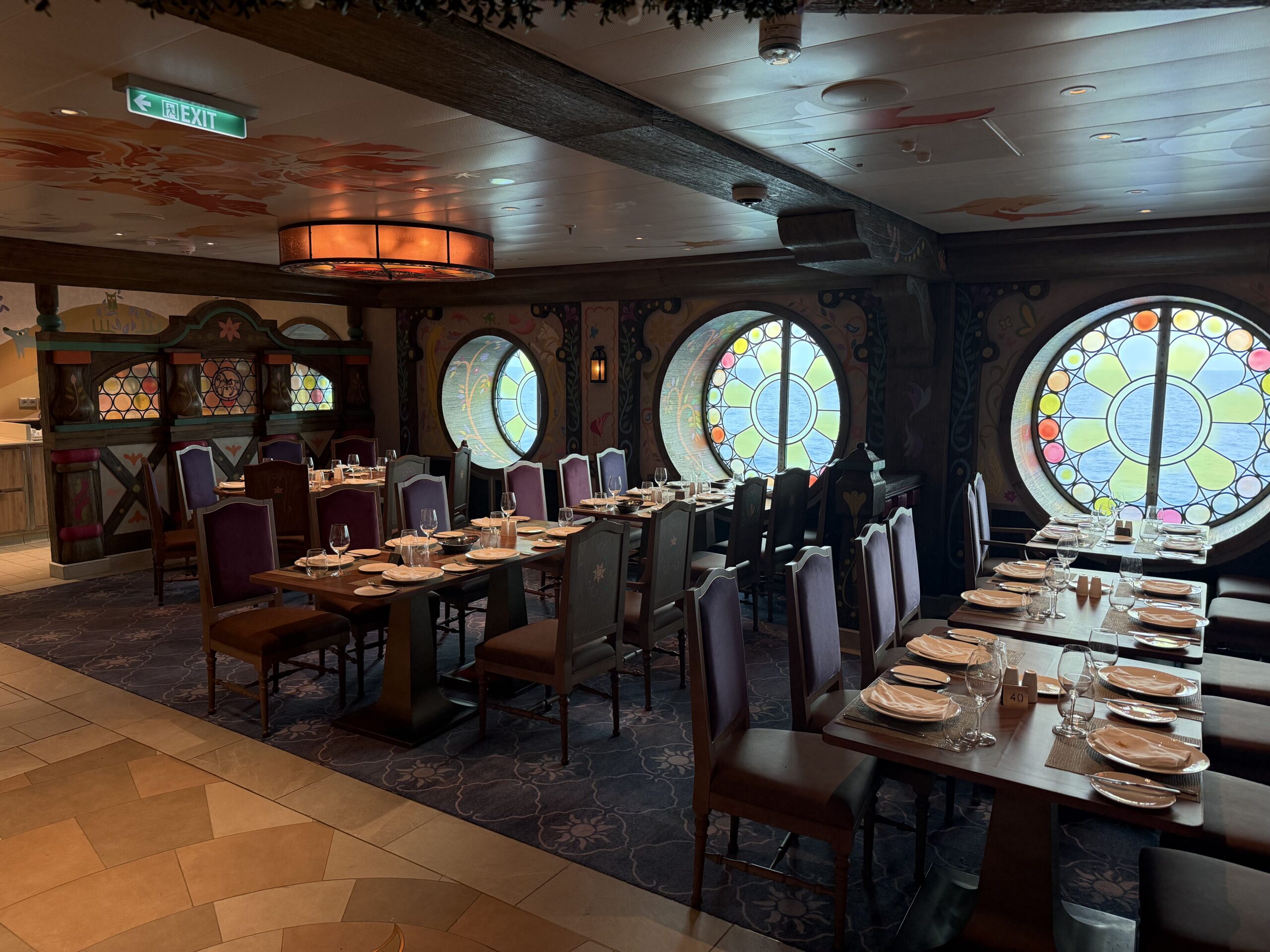 Maximus Tangled-themed dining room in Enchanted Summer restaurant on the Disney Adventure cruise ship