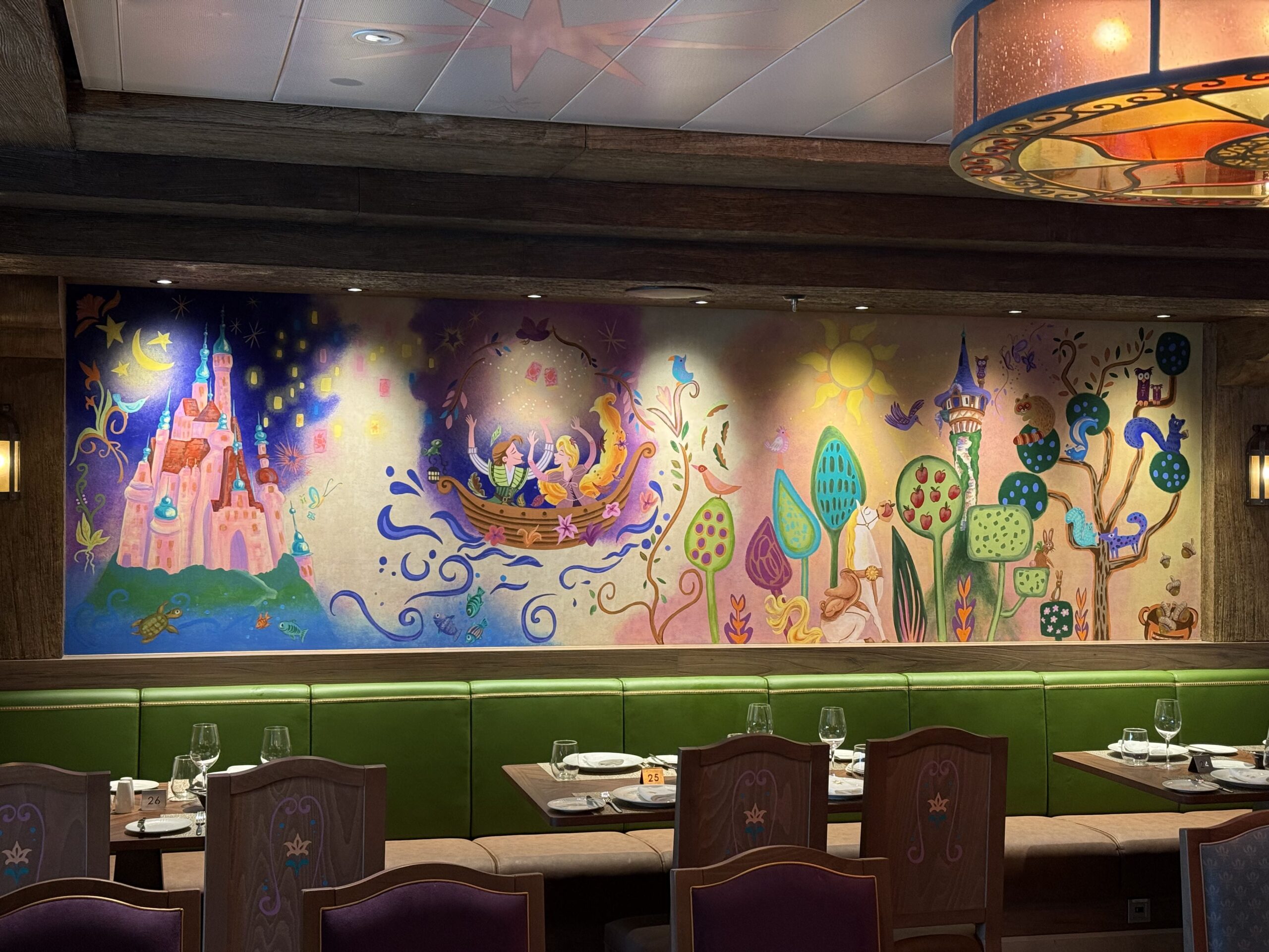 Maximus Tangled-themed dining room in Enchanted Summer restaurant on the Disney Adventure cruise ship