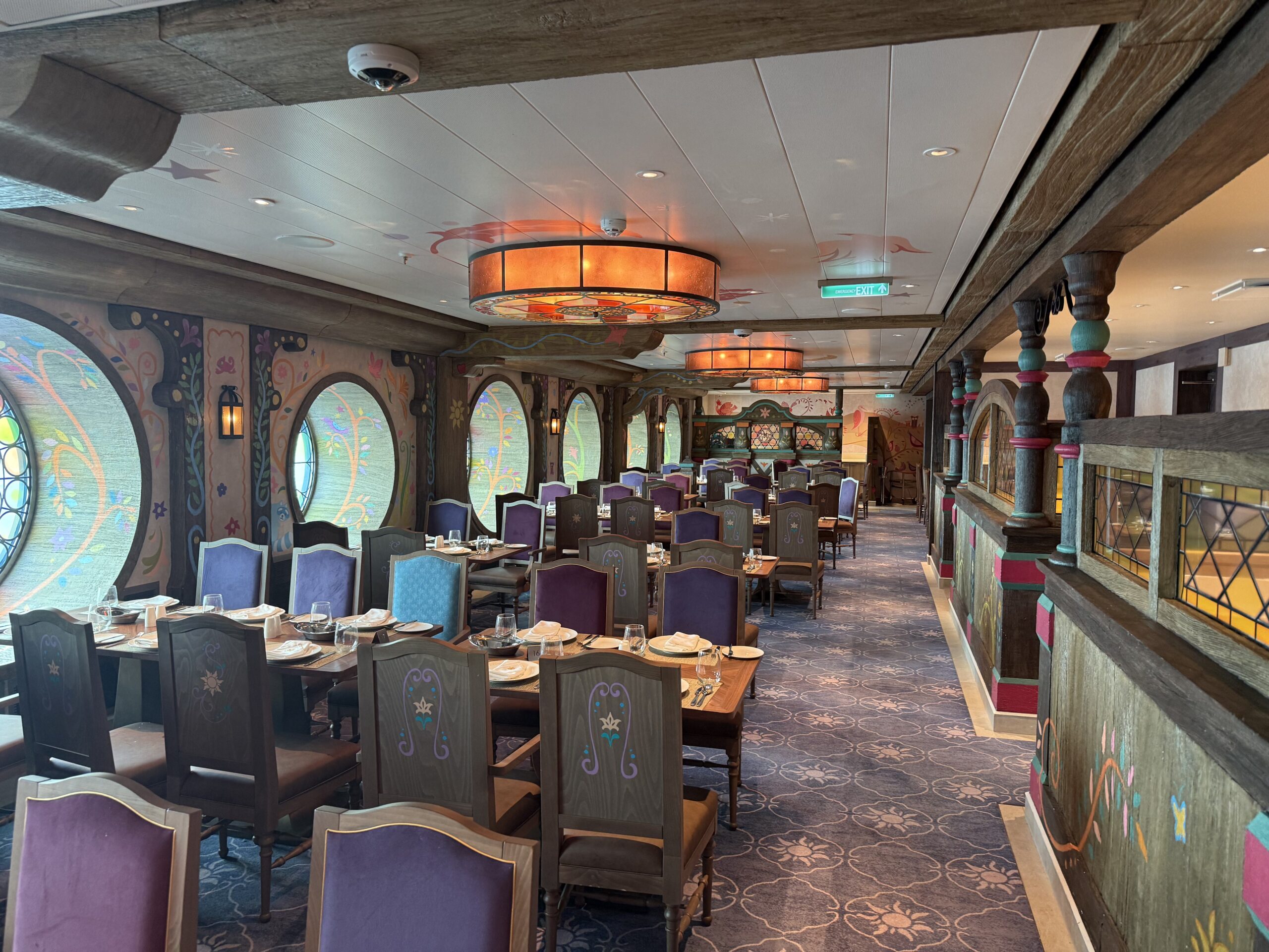 Maximus Tangled-themed dining room in Enchanted Summer restaurant on the Disney Adventure cruise ship