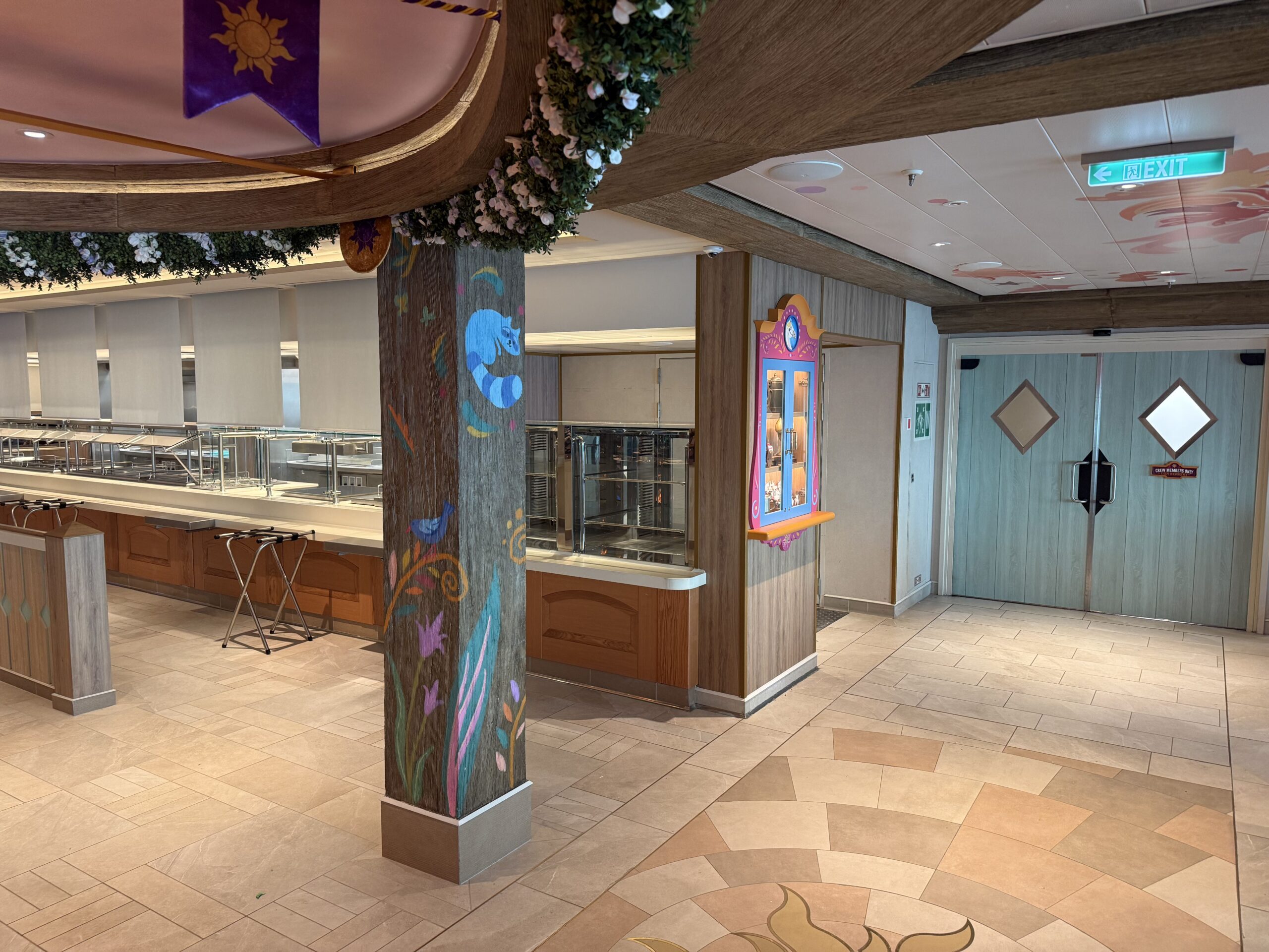 Maximus Tangled-themed dining room in Enchanted Summer restaurant on the Disney Adventure cruise ship
