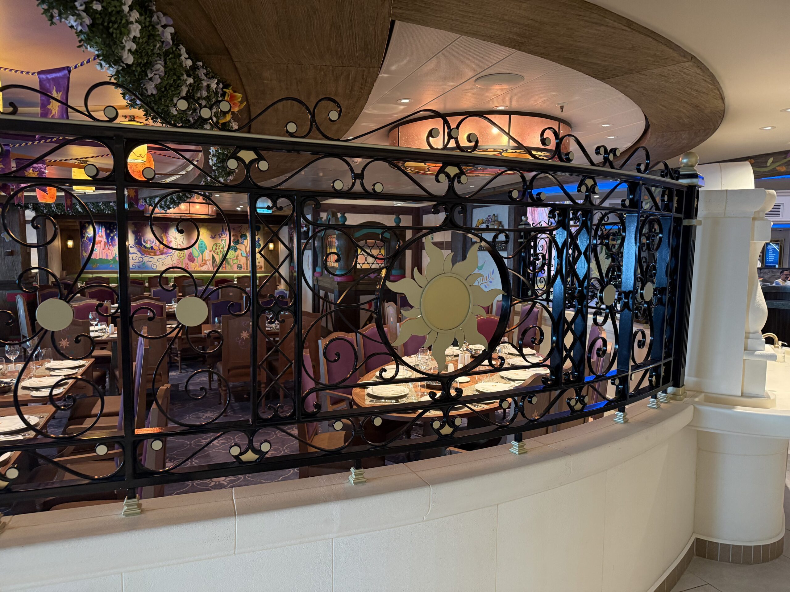 Maximus Tangled-themed dining room in Enchanted Summer restaurant on the Disney Adventure cruise ship