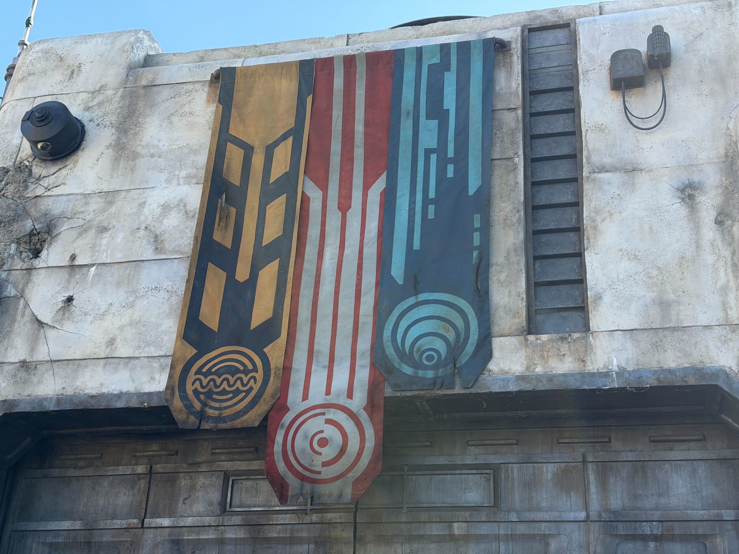 Batuu Settlement Banners Over Original Trilogy Area in Star Wars: Galaxy's Edge in Disneyland